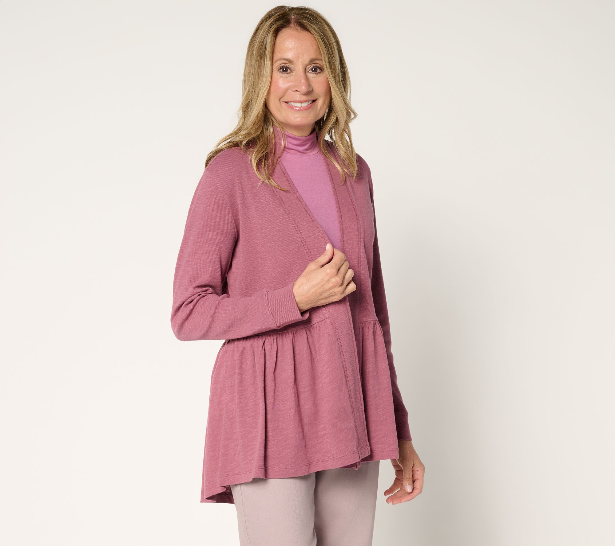 LOGO by Lori Goldstein Mixed Media Eyelet Back Cardigan