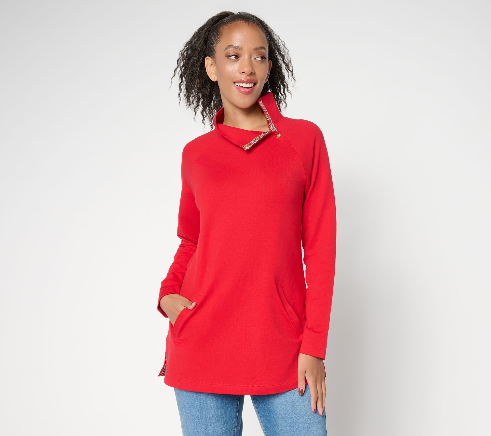 Denim & Co. Regular French Terry Mock Neck Tunic with Plaid Trim