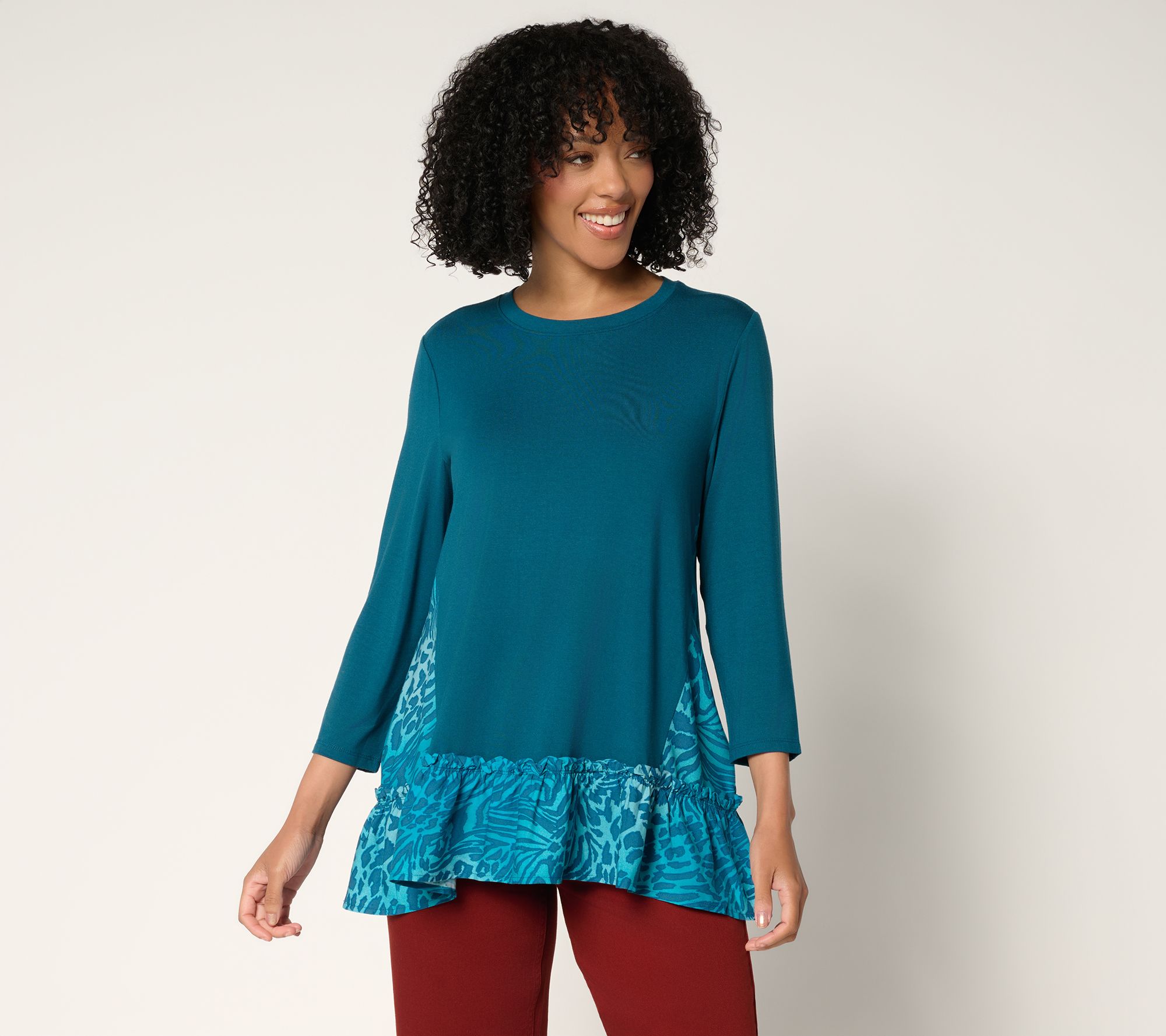 LOGO by Lori Goldstein Mixed Media Top with Ruffle Hem