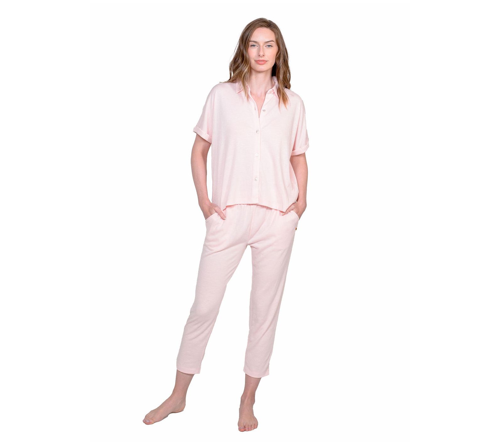 LATTELOVE Crinkle Knit Relaxed Top & Tapered Pant PJ Set