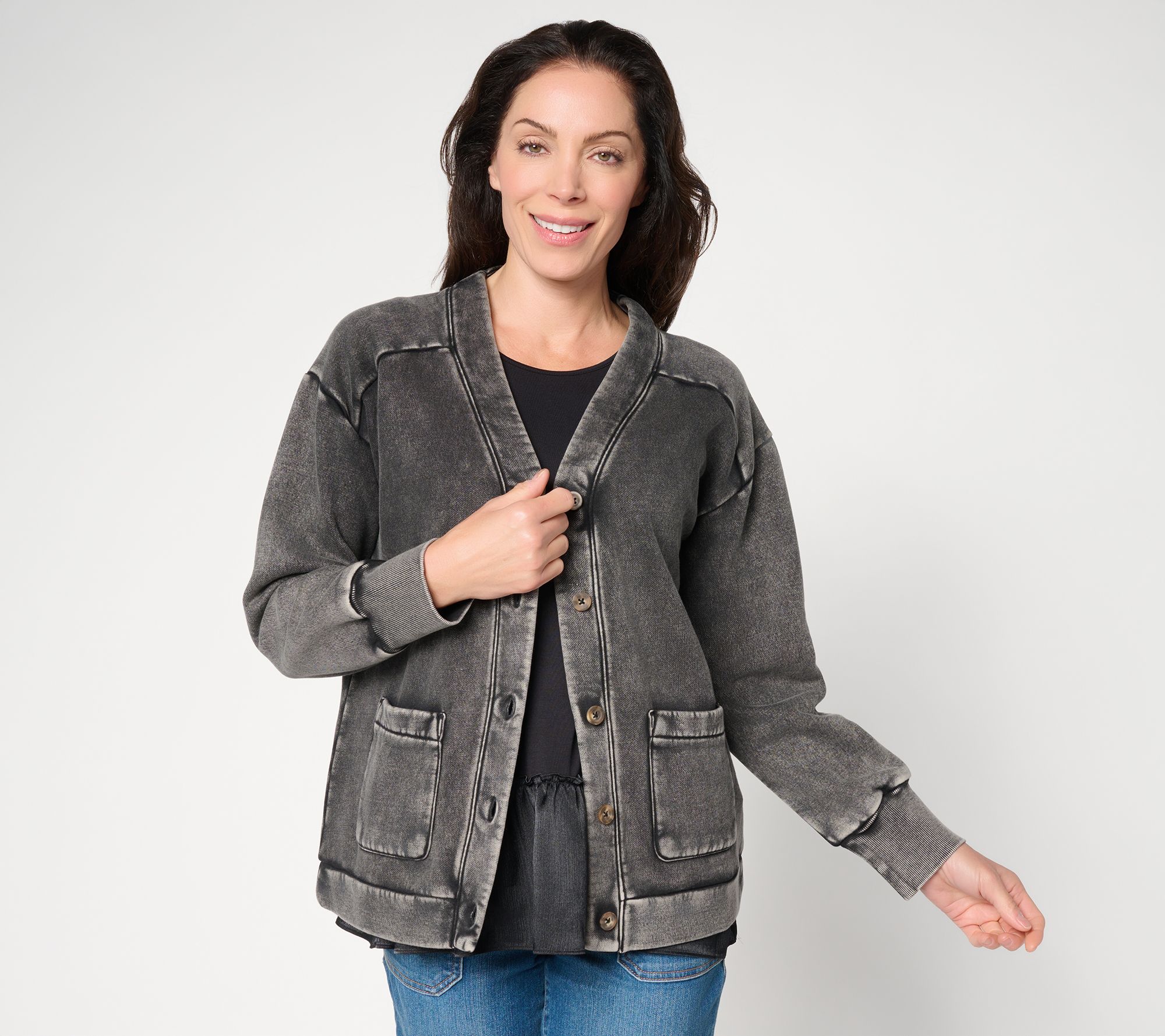 LOGO by Lori Goldstein Overdyed Button Front Cardigan