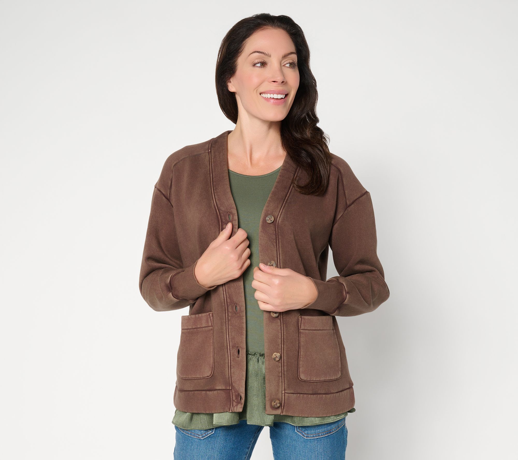 LOGO by Lori Goldstein Overdyed Button Front Cardigan