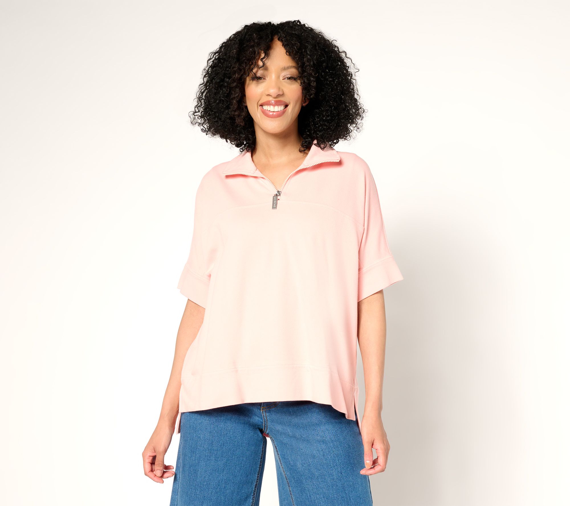 "As Is" Peace Love World Zip Mock Neck Short Sleeve Top