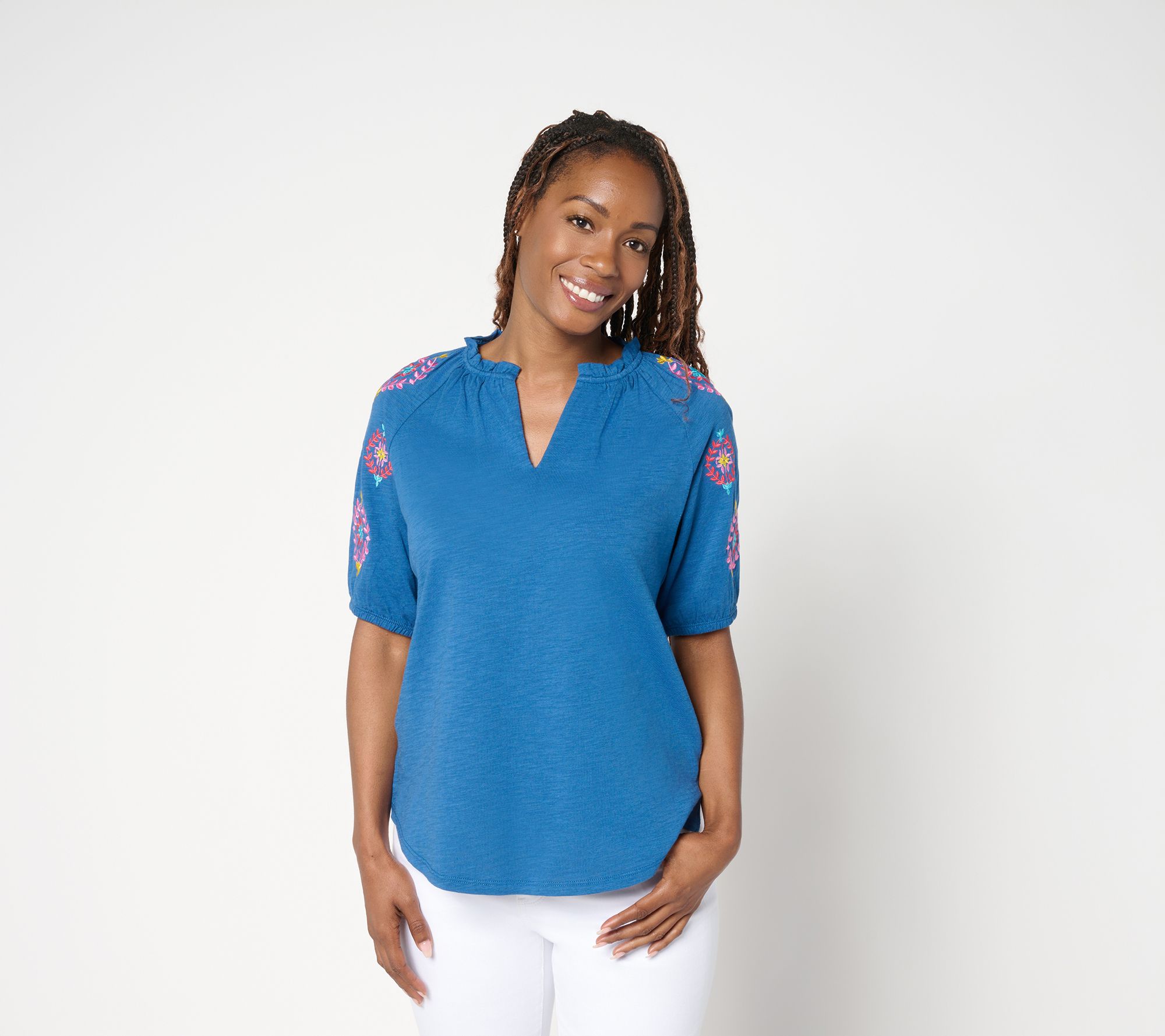 "As Is" Belle by Kim Gravel Slub Knit Embroidered Sleeve Top