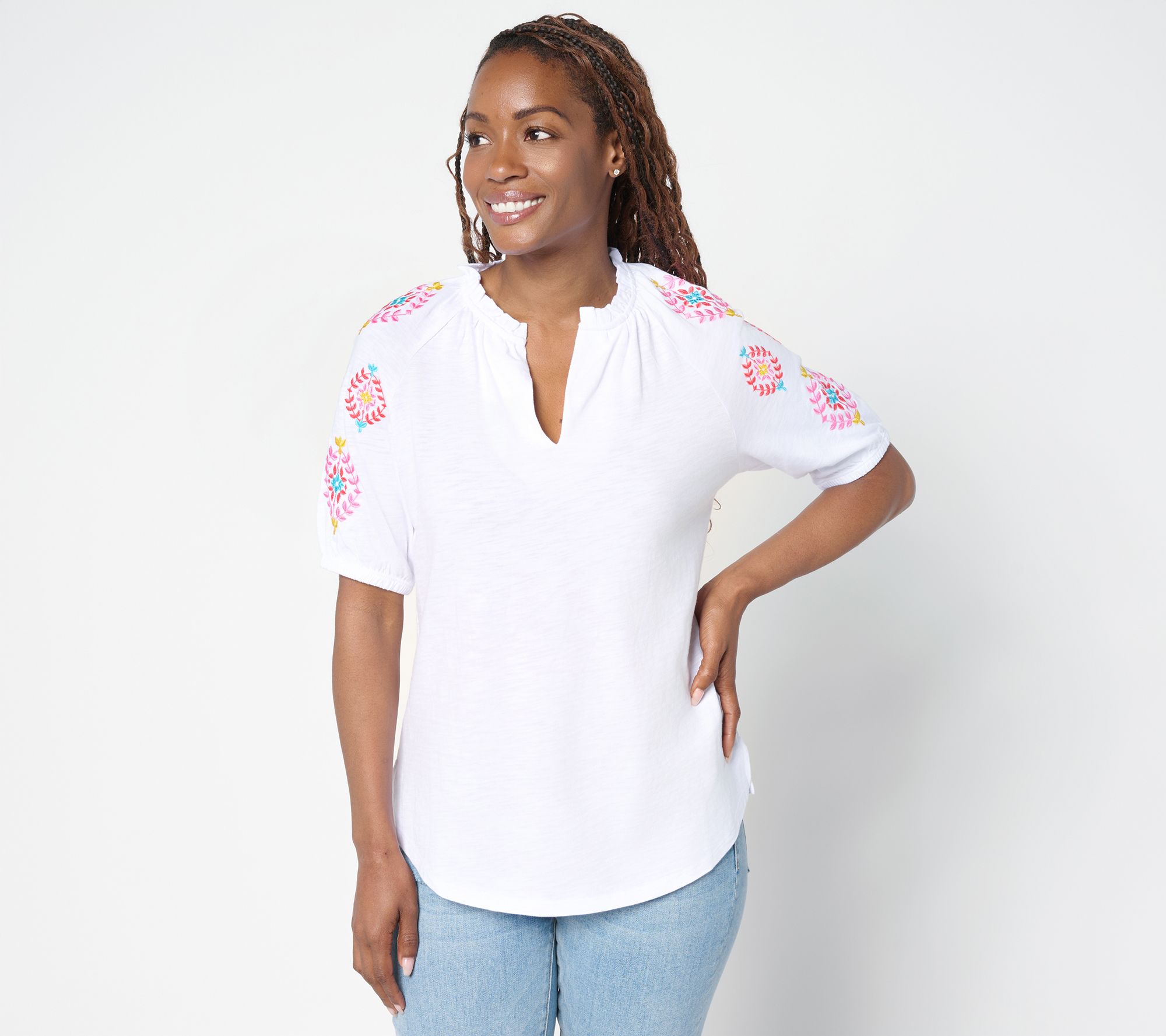 "As Is" Belle by Kim Gravel Slub Knit Embroidered Sleeve Top