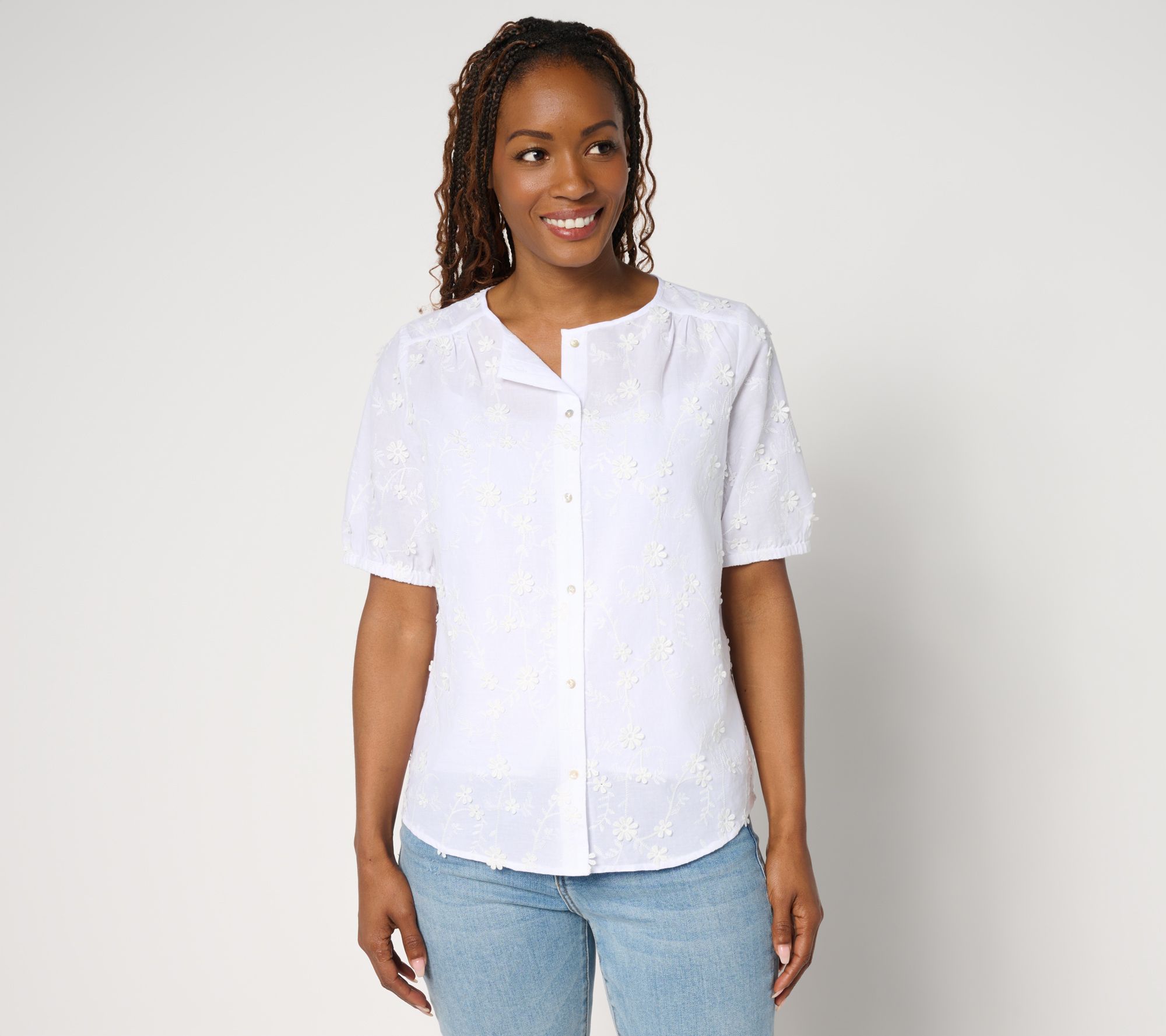 "As Is" nicole by Nicole Miller 100% Cotton Floral Applique Shirt