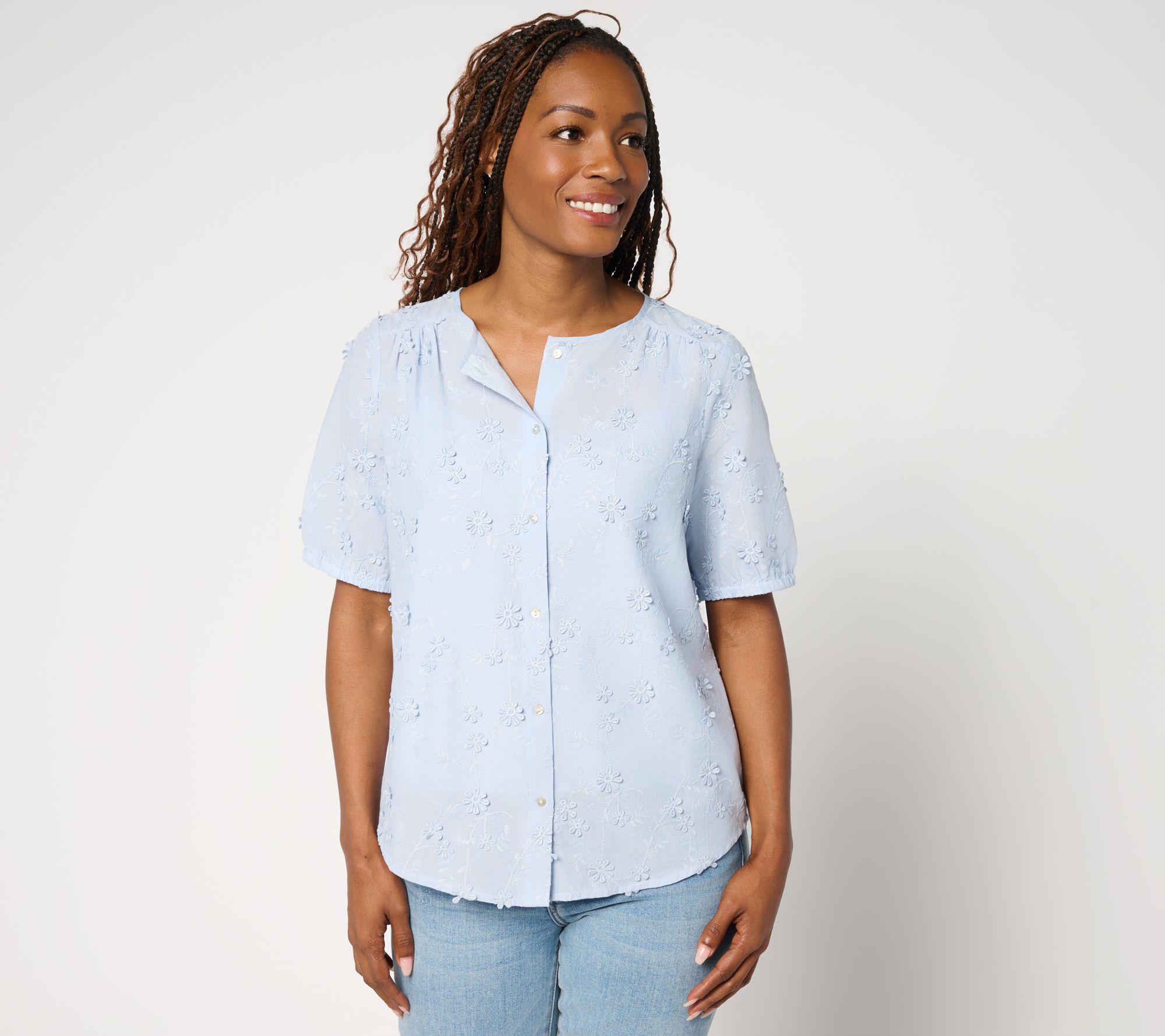 "As Is" nicole by Nicole Miller 100% Cotton Floral Applique Shirt