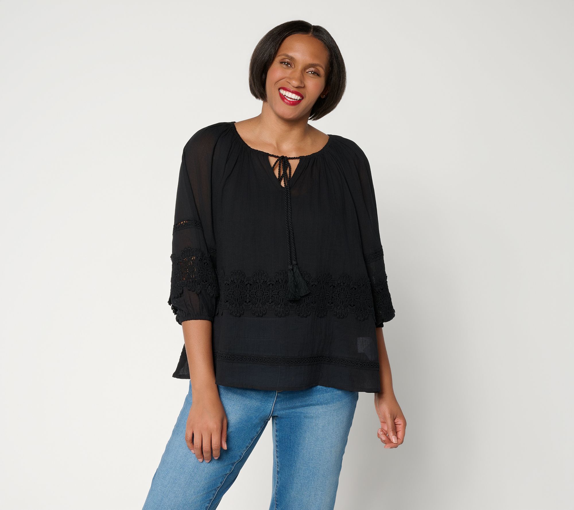 Susan Graver Sheer Cotton Gauze Peasant Top with Lace Trim