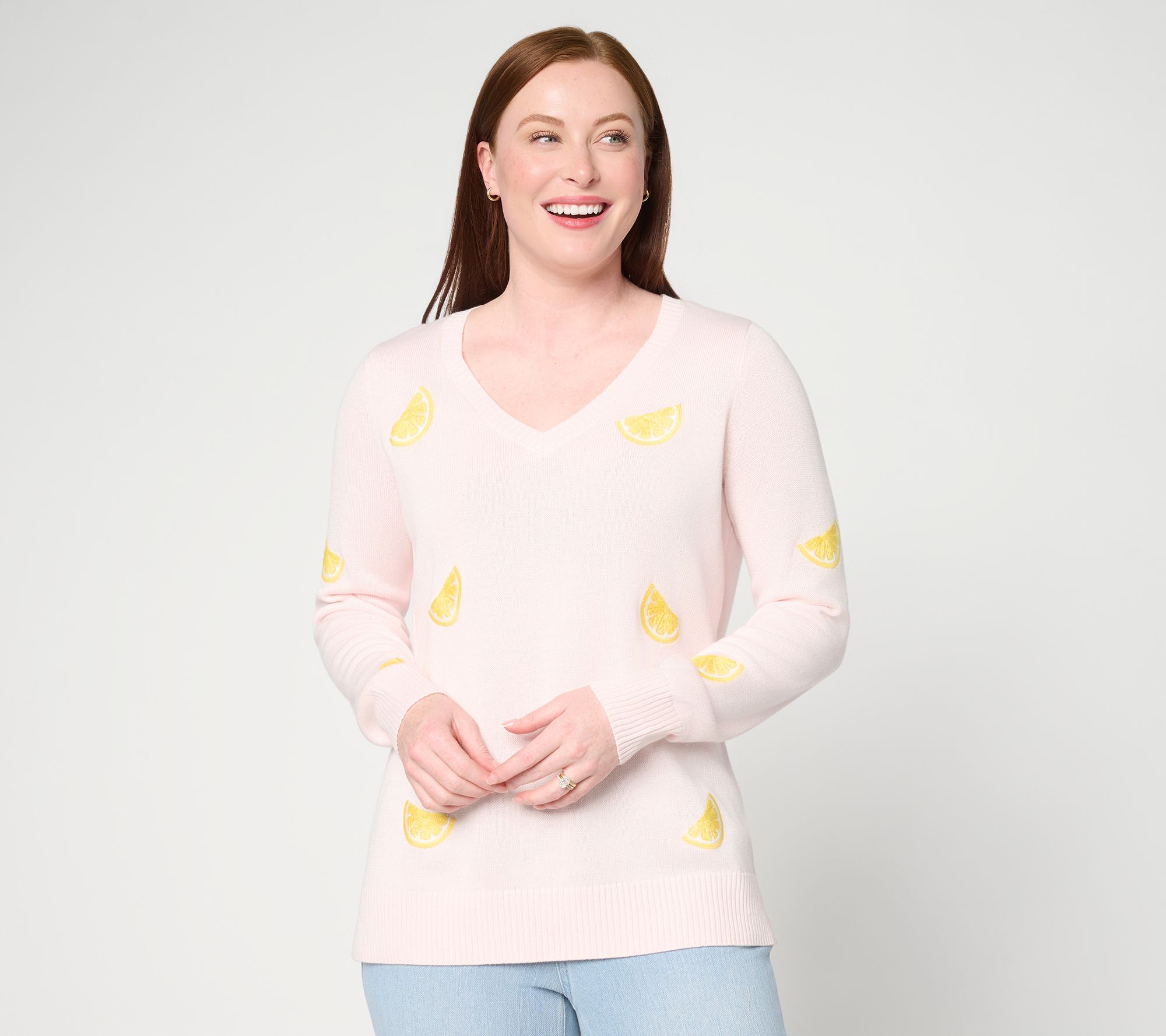 Belle by Kim Gravel Sunshine Stitches Embroidered V Neck Sweater
