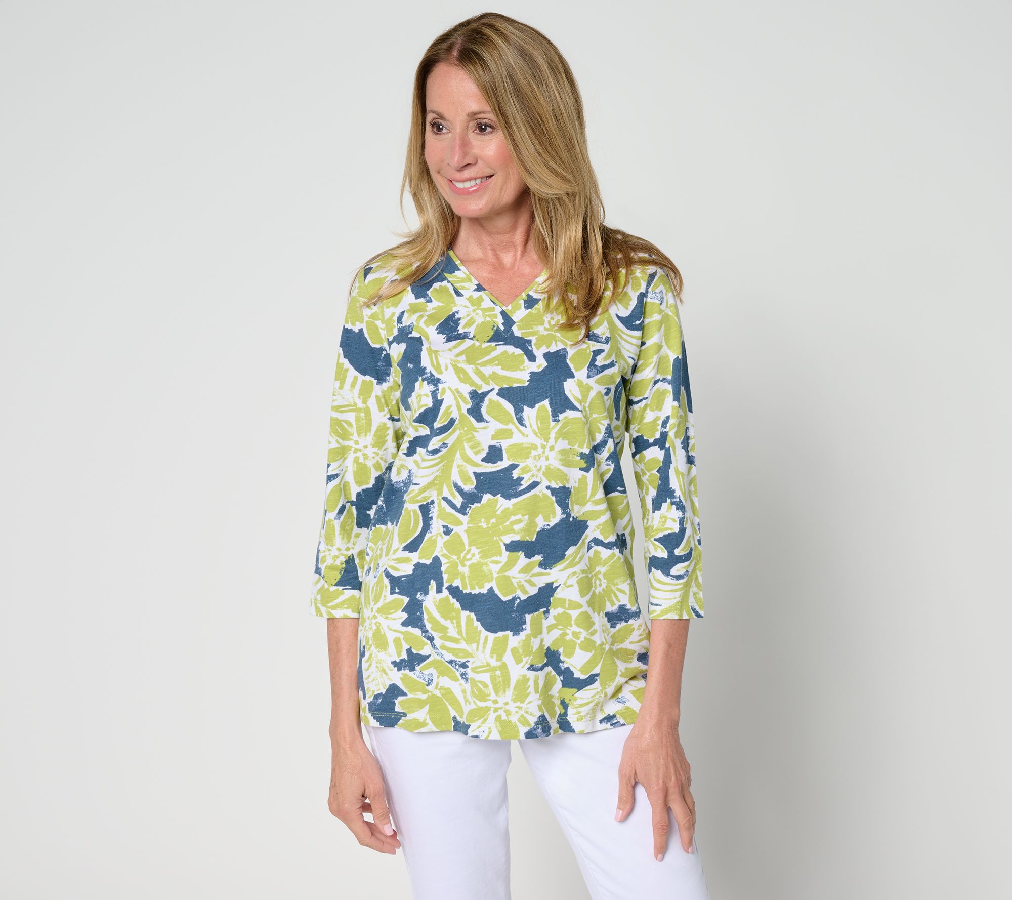 "As Is" Belle by Kim Gravel TripleLuxe Linen French Floral V-Neck