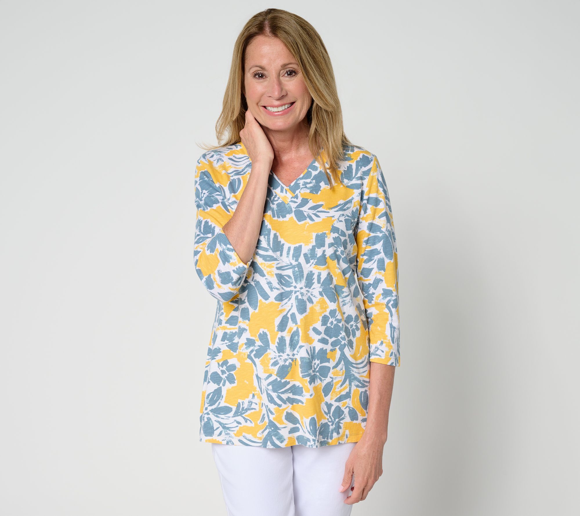 "As Is" Belle by Kim Gravel TripleLuxe Linen French Floral V-Neck