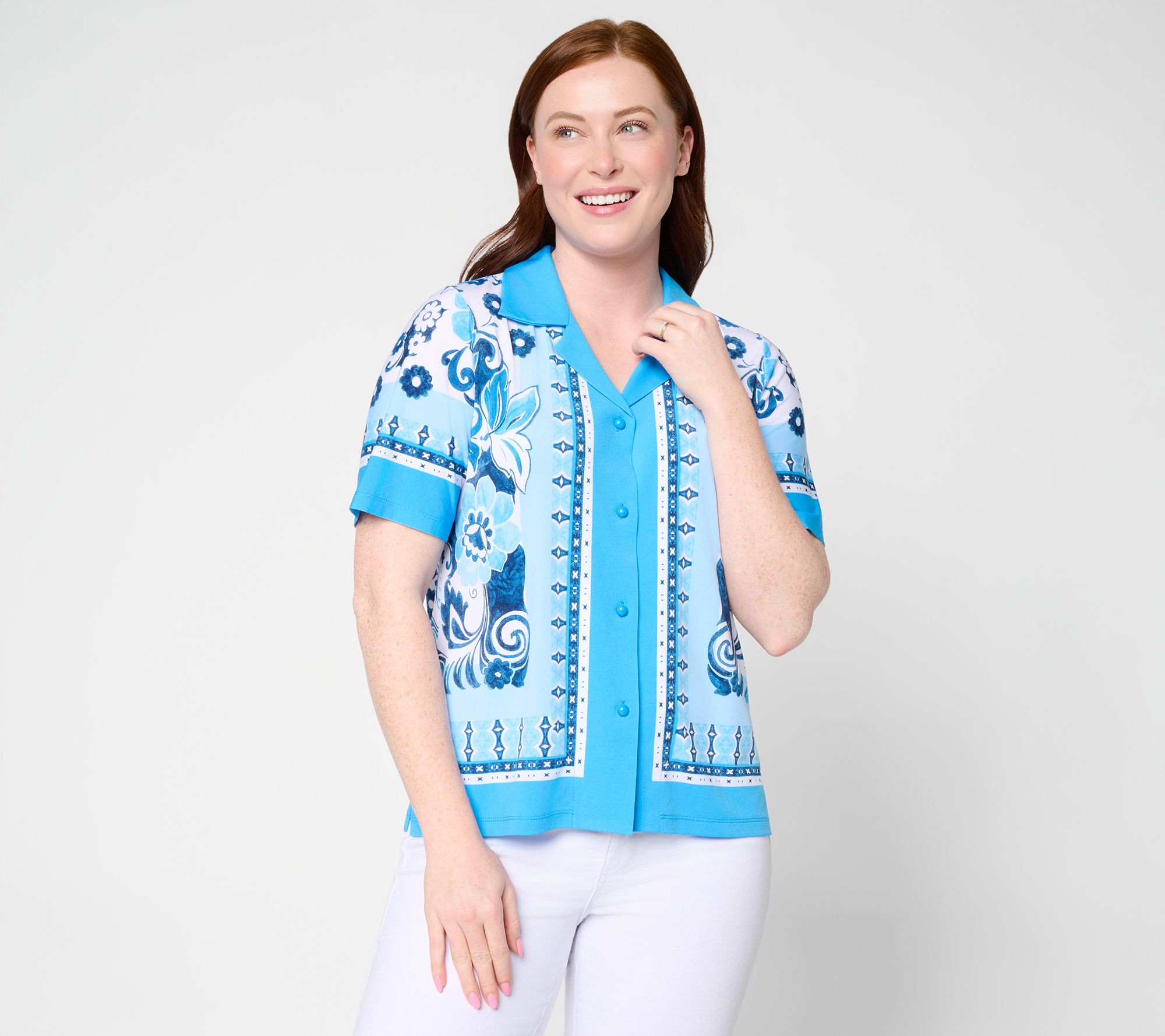 Susan Graver Printed Liquid Knit Button Front Camp Shirt