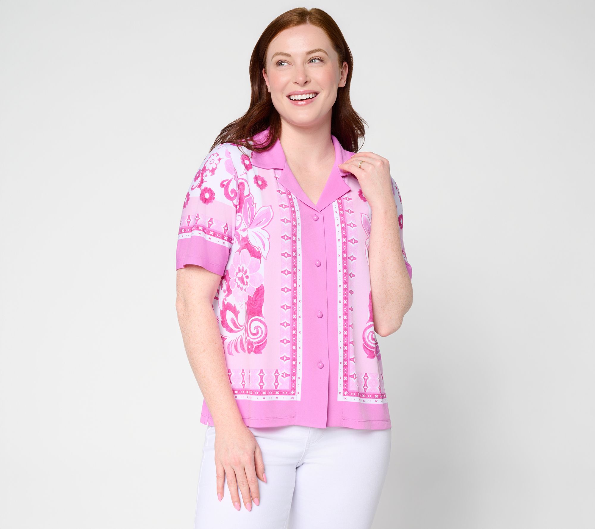 Susan Graver Printed Liquid Knit Button Front Camp Shirt