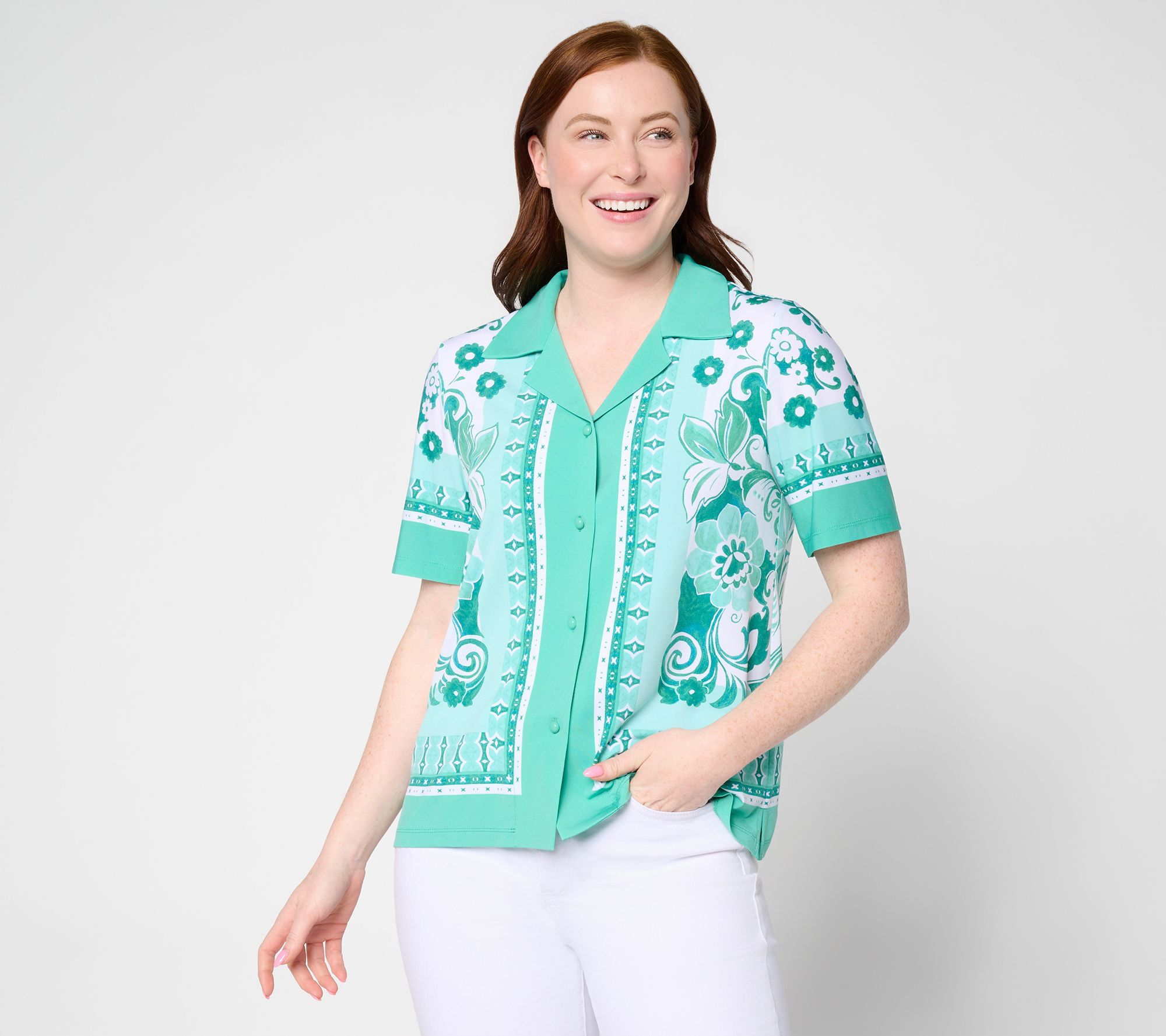 Susan Graver Printed Liquid Knit Button Front Camp Shirt