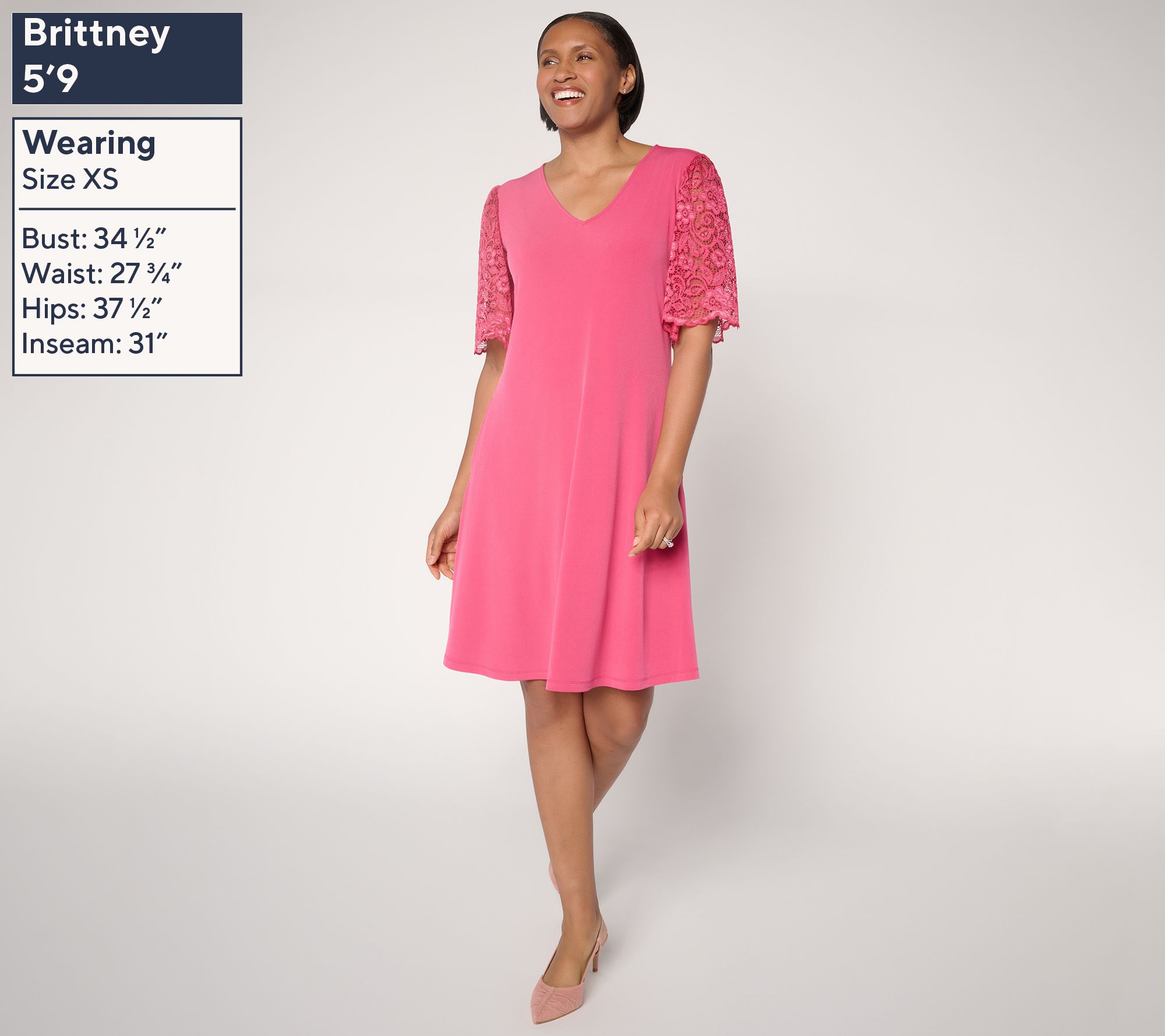 Susan Graver Liquid Knit V-Neck A-Line Dress w/ Lace Sleeves - QVC.com