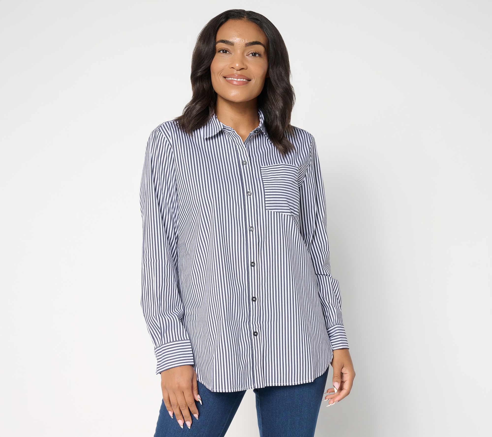 "As Is" Susan Graver Regular Yarn Dyed Stretch Woven Poplin Shirt