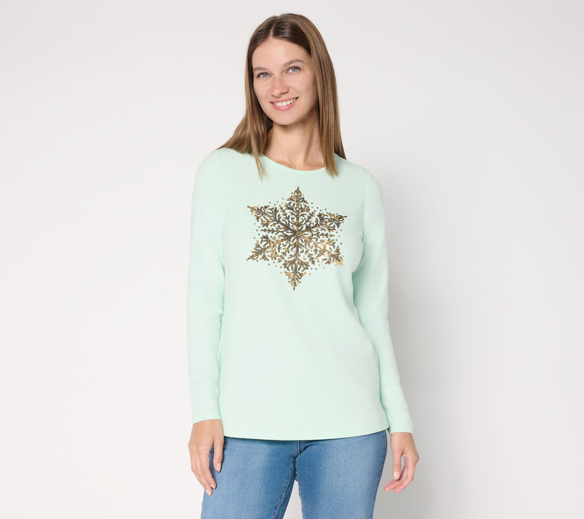 "As Is" Quacker Factory Baby It's Cold SequinSnowflake Long Slv Shirt