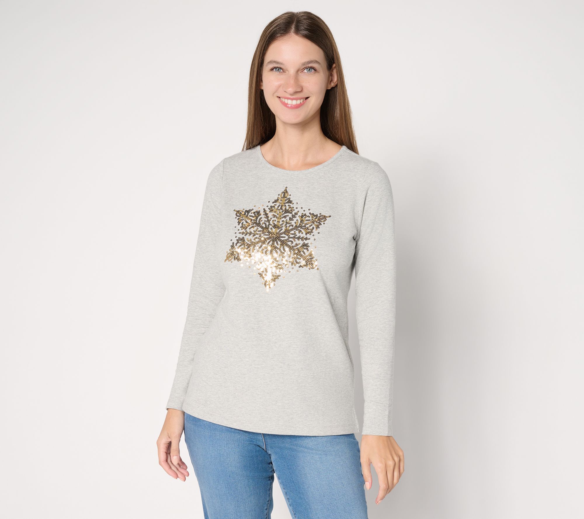 "As Is" Quacker Factory Baby It's Cold SequinSnowflake Long Slv Shirt