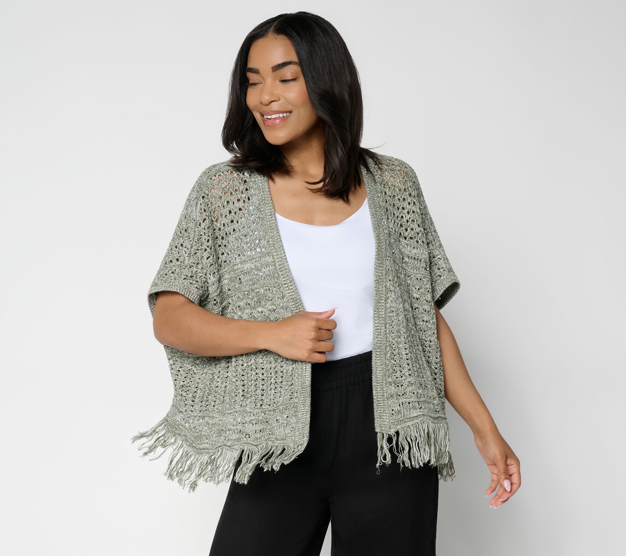Susan Graver Beaded Pointelle Sweater Shrug with Fringe