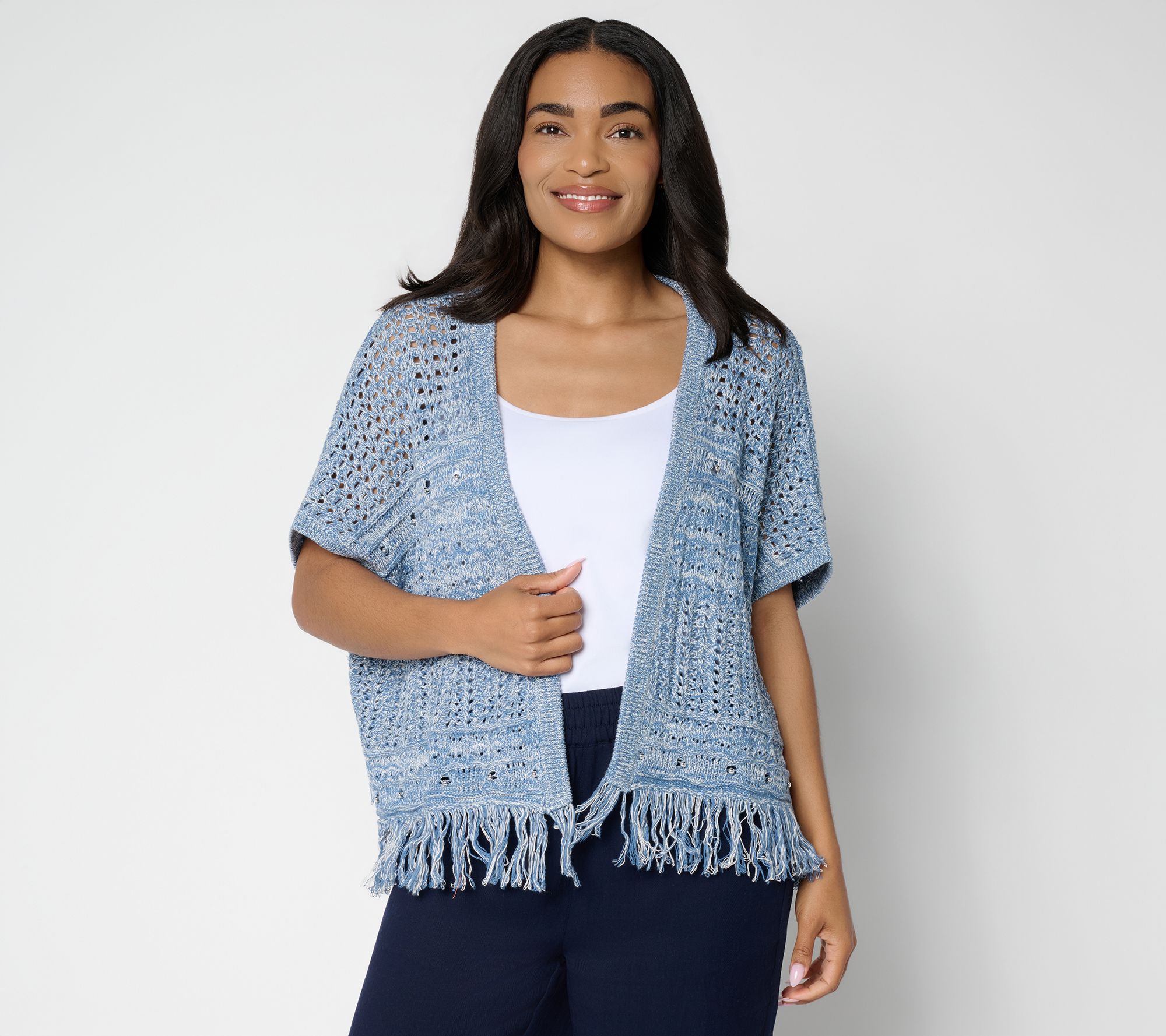 Susan Graver Beaded Pointelle Sweater Shrug with Fringe