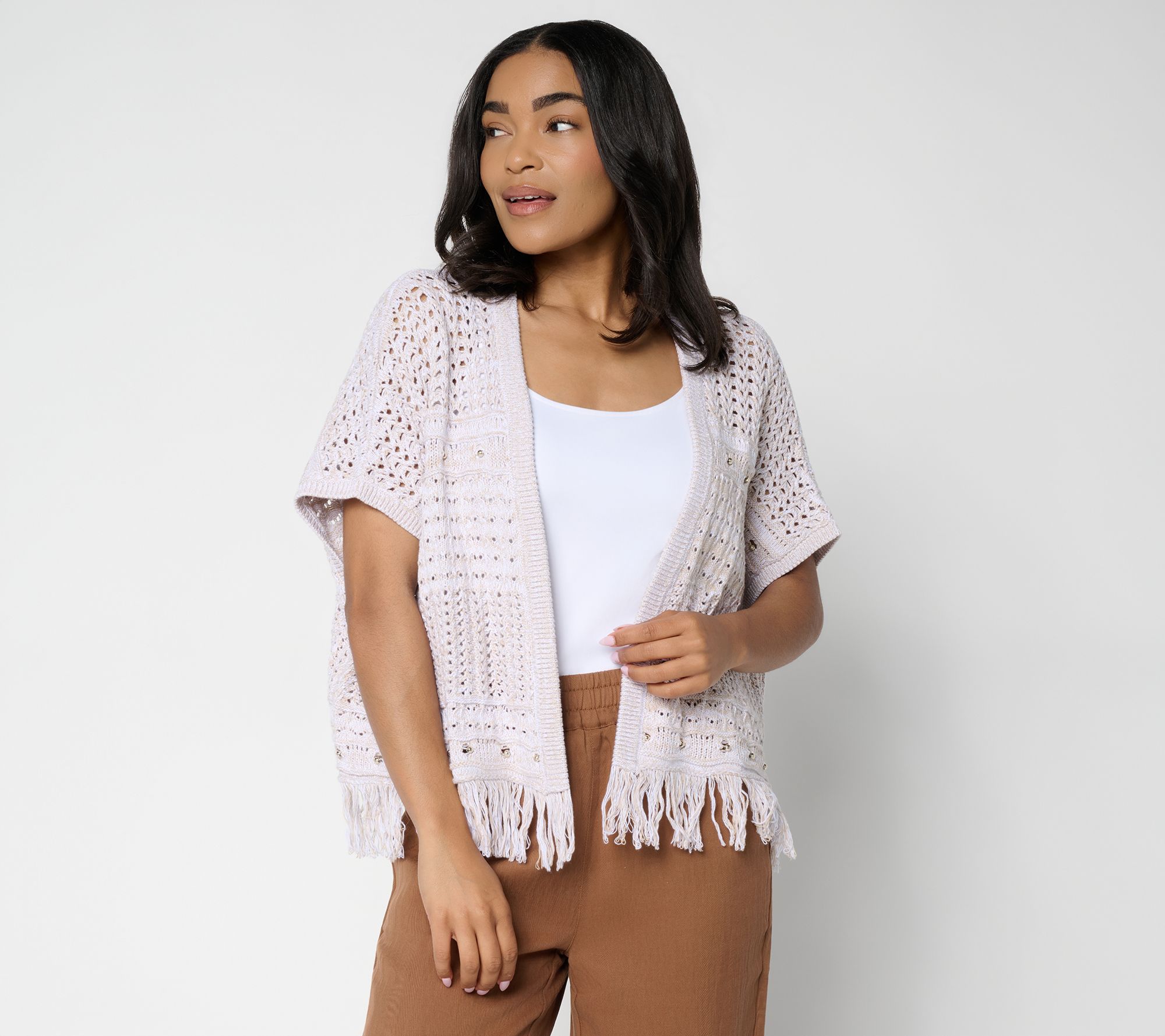Susan Graver Beaded Pointelle Sweater Shrug with Fringe