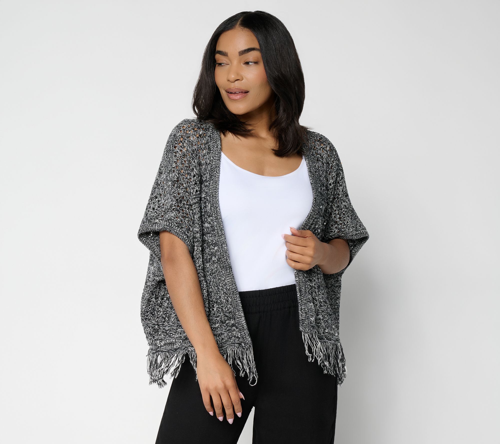 Susan Graver Beaded Pointelle Sweater Shrug with Fringe