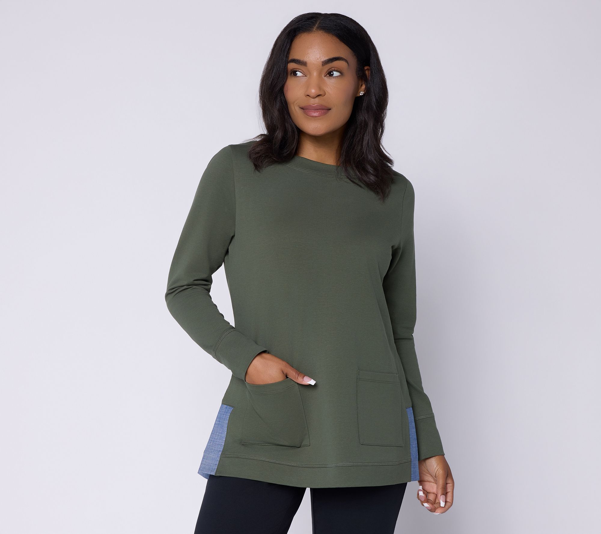 Denim & Co. Active Petite French Terry Tunic With Chambray Detail
