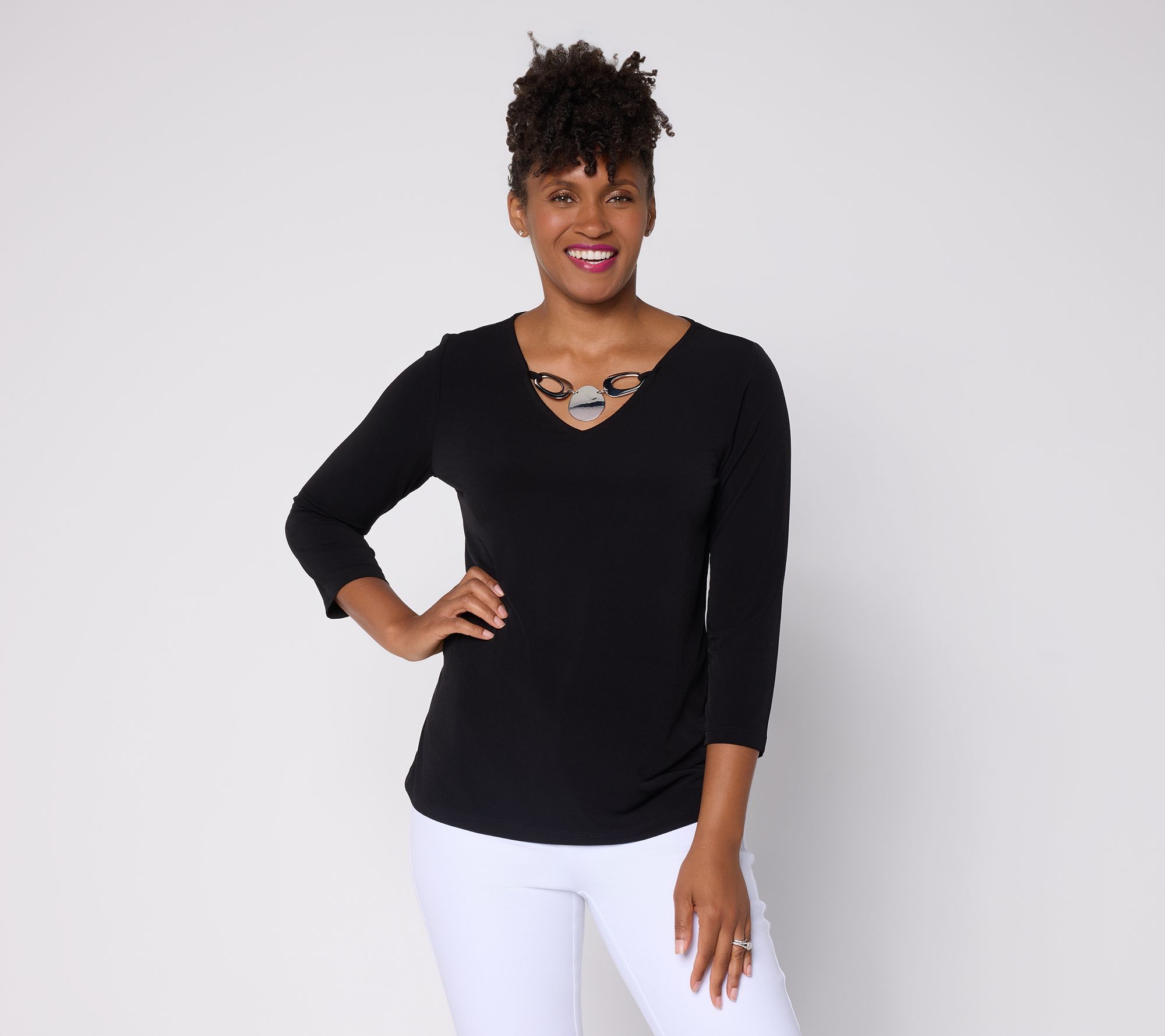 Susan Graver Liquid Knit V-Neck Top w/ Keyhole Trim