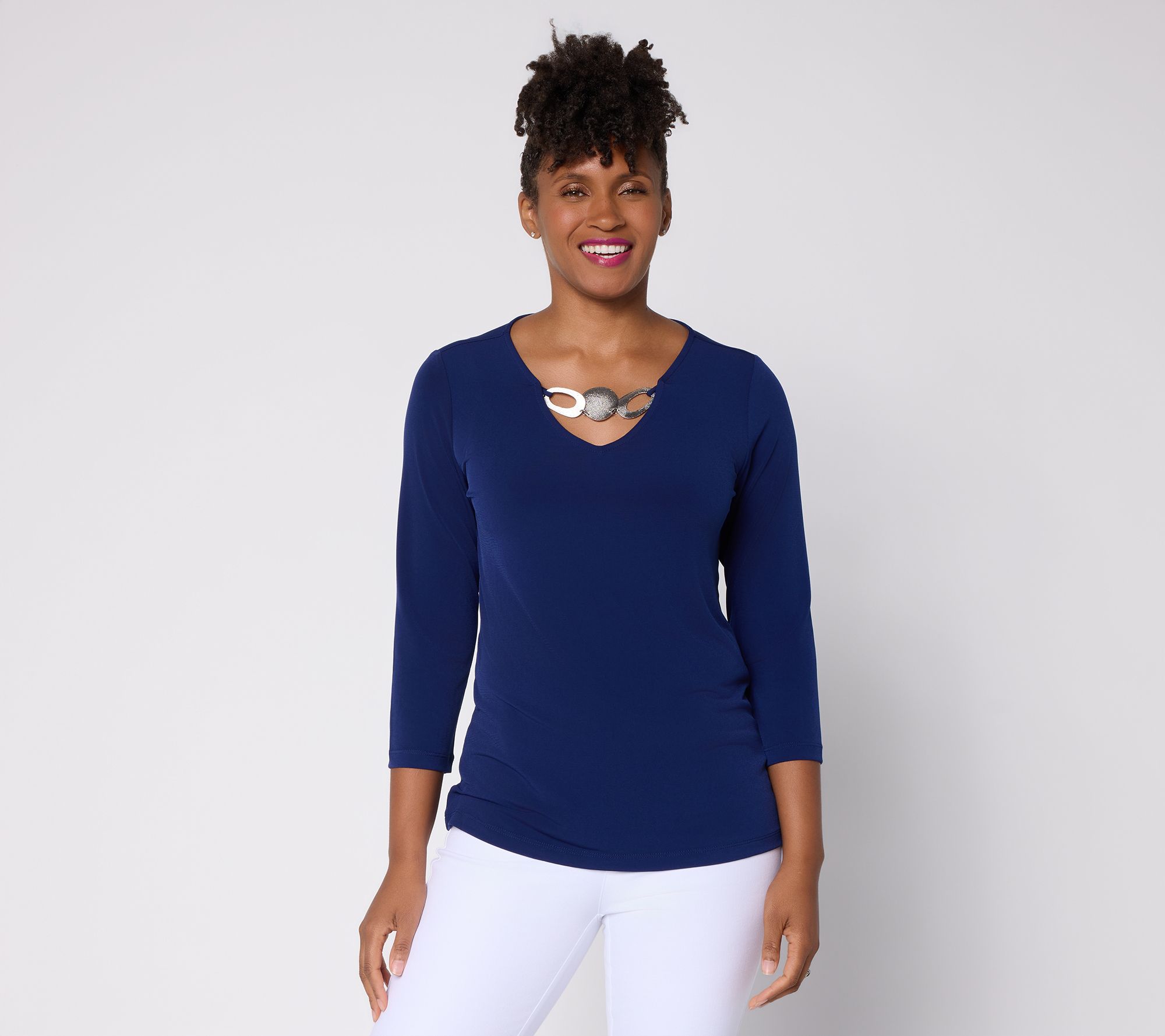 Susan Graver Liquid Knit V-Neck Top w/ Keyhole Trim
