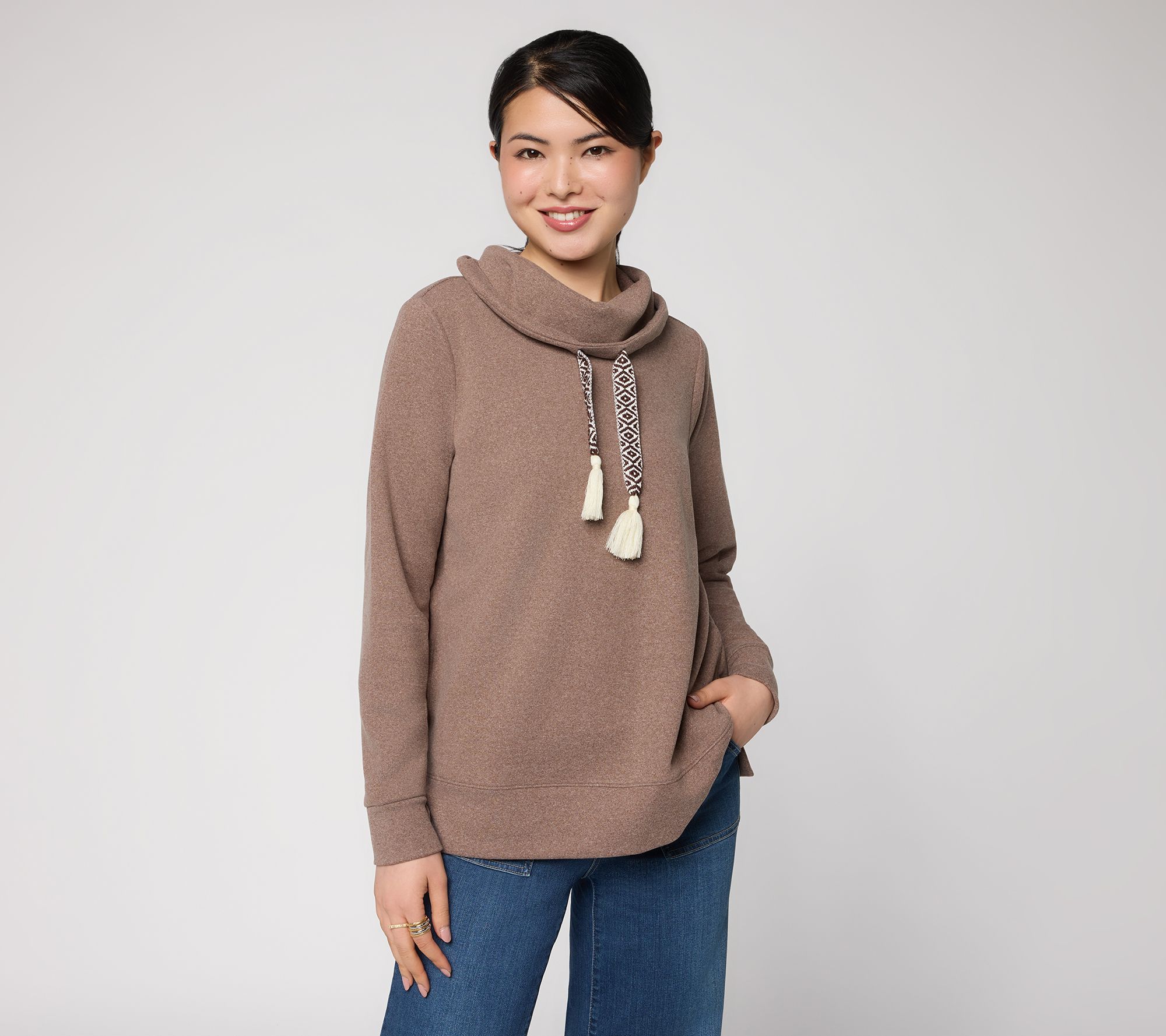 Belle Boho by Kim Gravel Fireside Fleece Tassel Funnel Neck Top