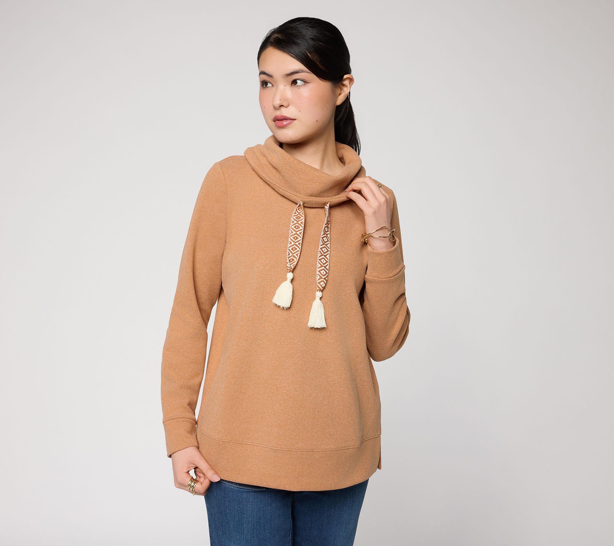 Belle Boho by Kim Gravel Fireside Fleece Tassel Funnel Neck Top