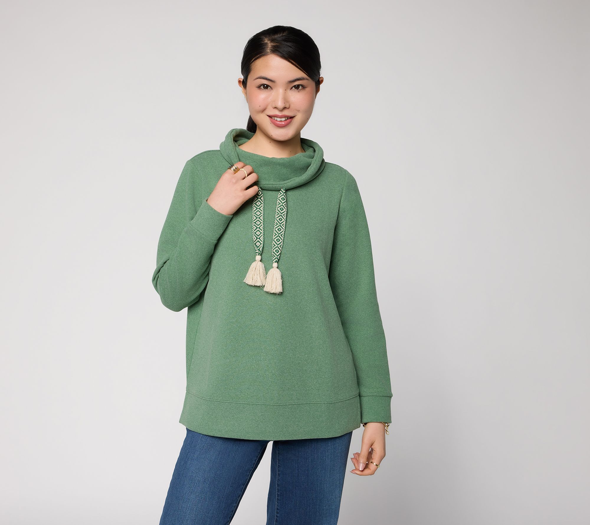 Belle Boho by Kim Gravel Fireside Fleece Tassel Funnel Neck Top