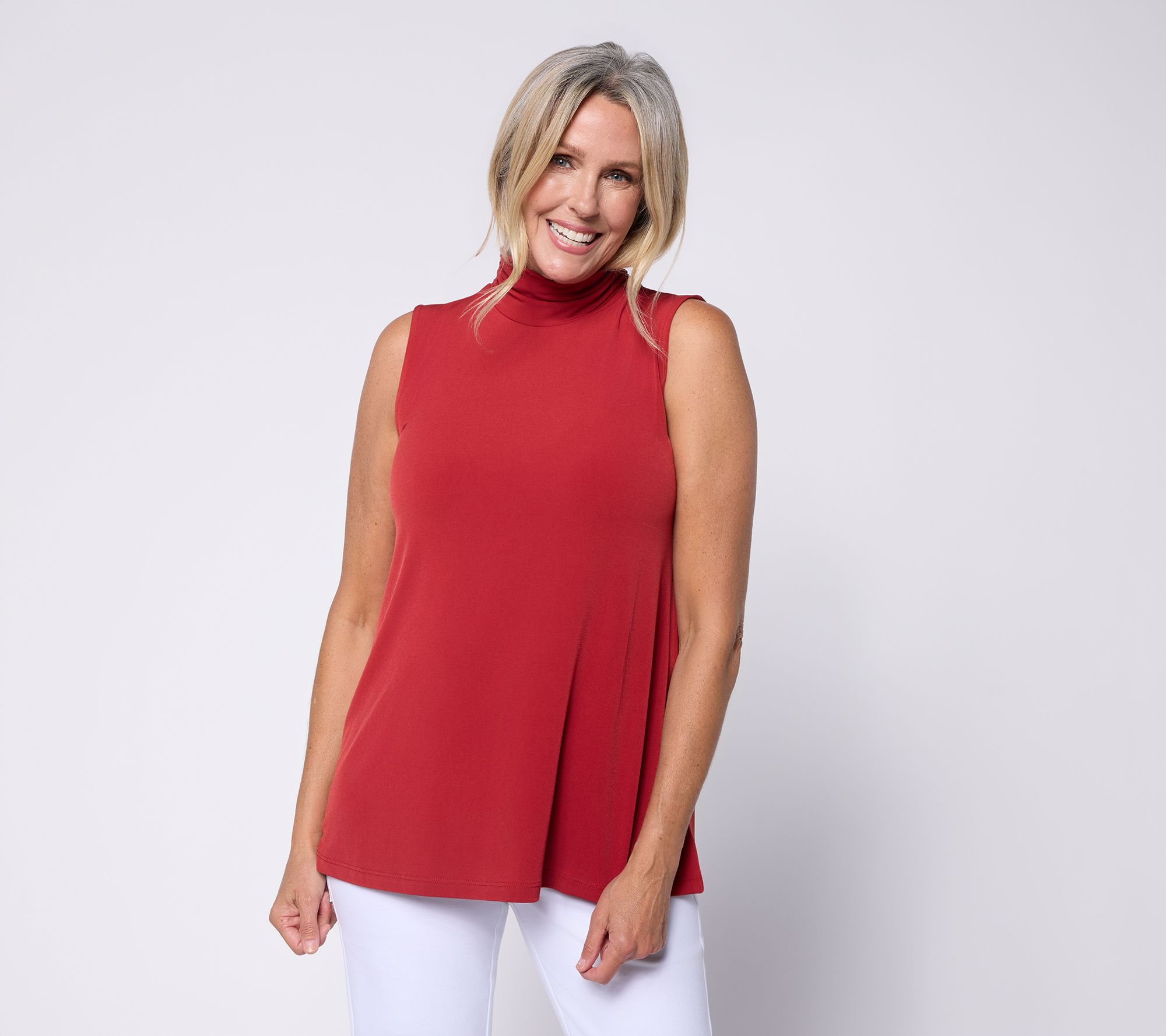  Susan Graver Essentials Liquid Knit A-Line Mock-Nk Sleeveless Top