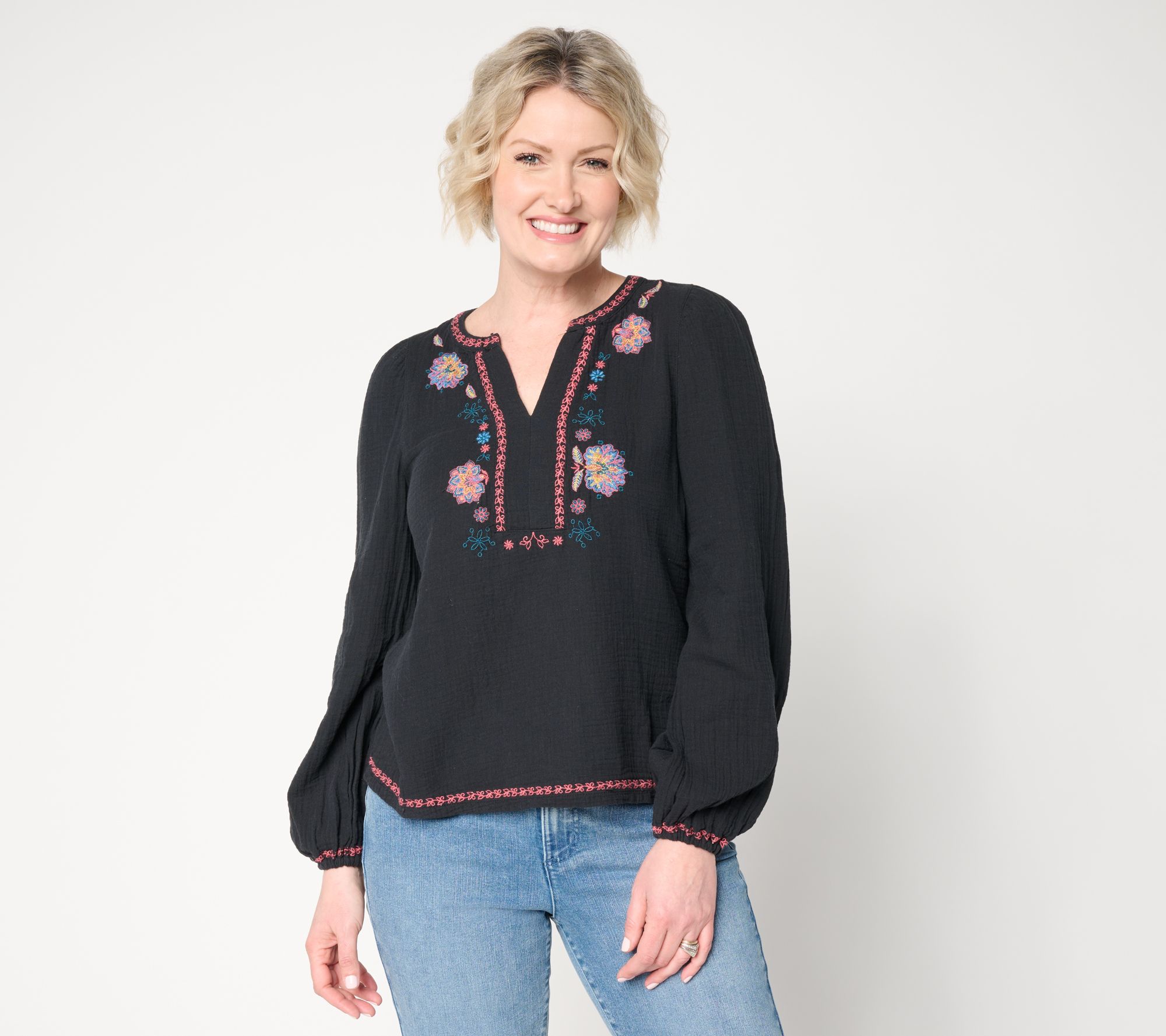 "As Is" Driftwood Jeans Knit Boho Embroid.LongSlv Top - Orangina