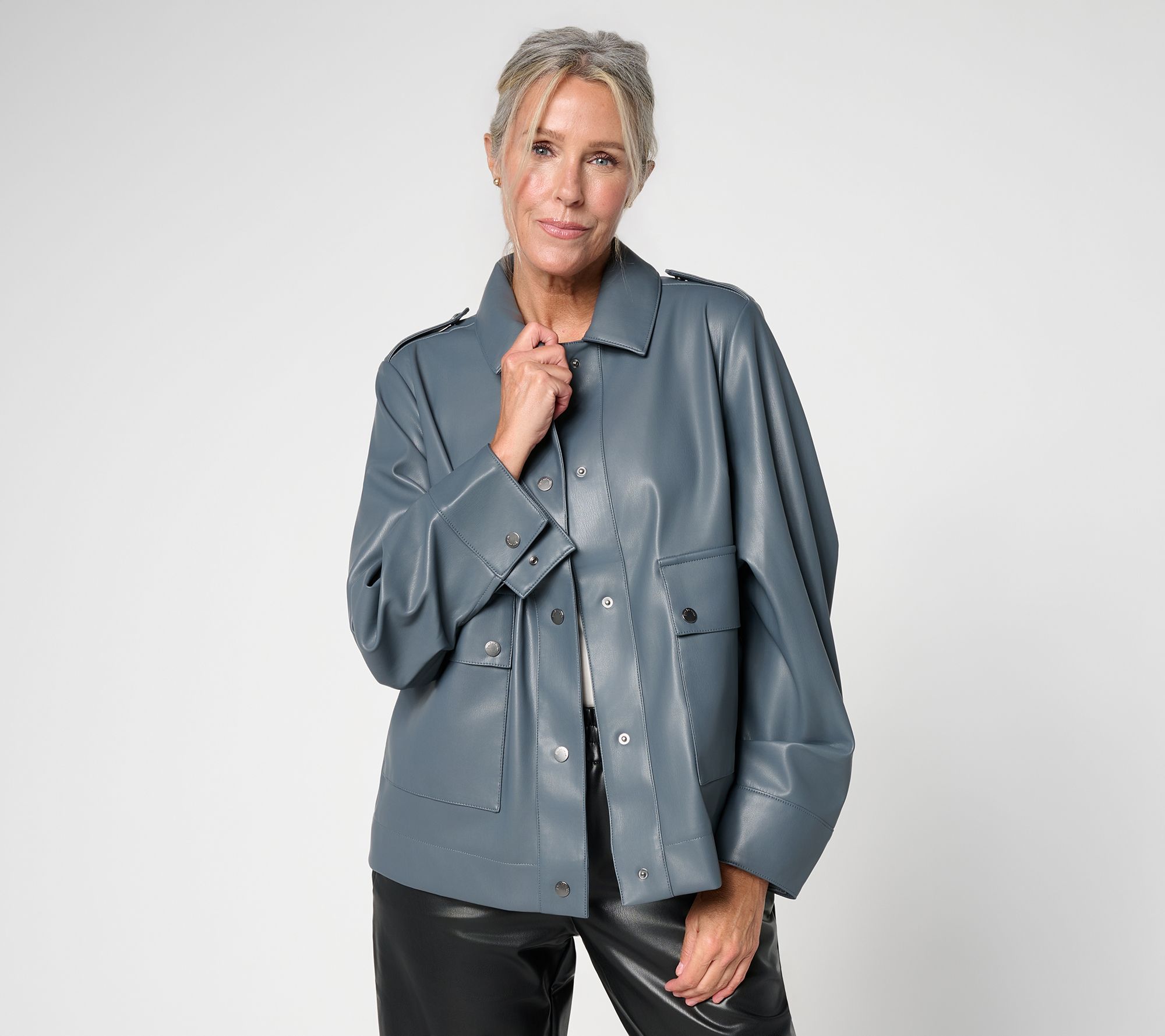Peace Love World Black Label Faux Leather Snap Front Jacket