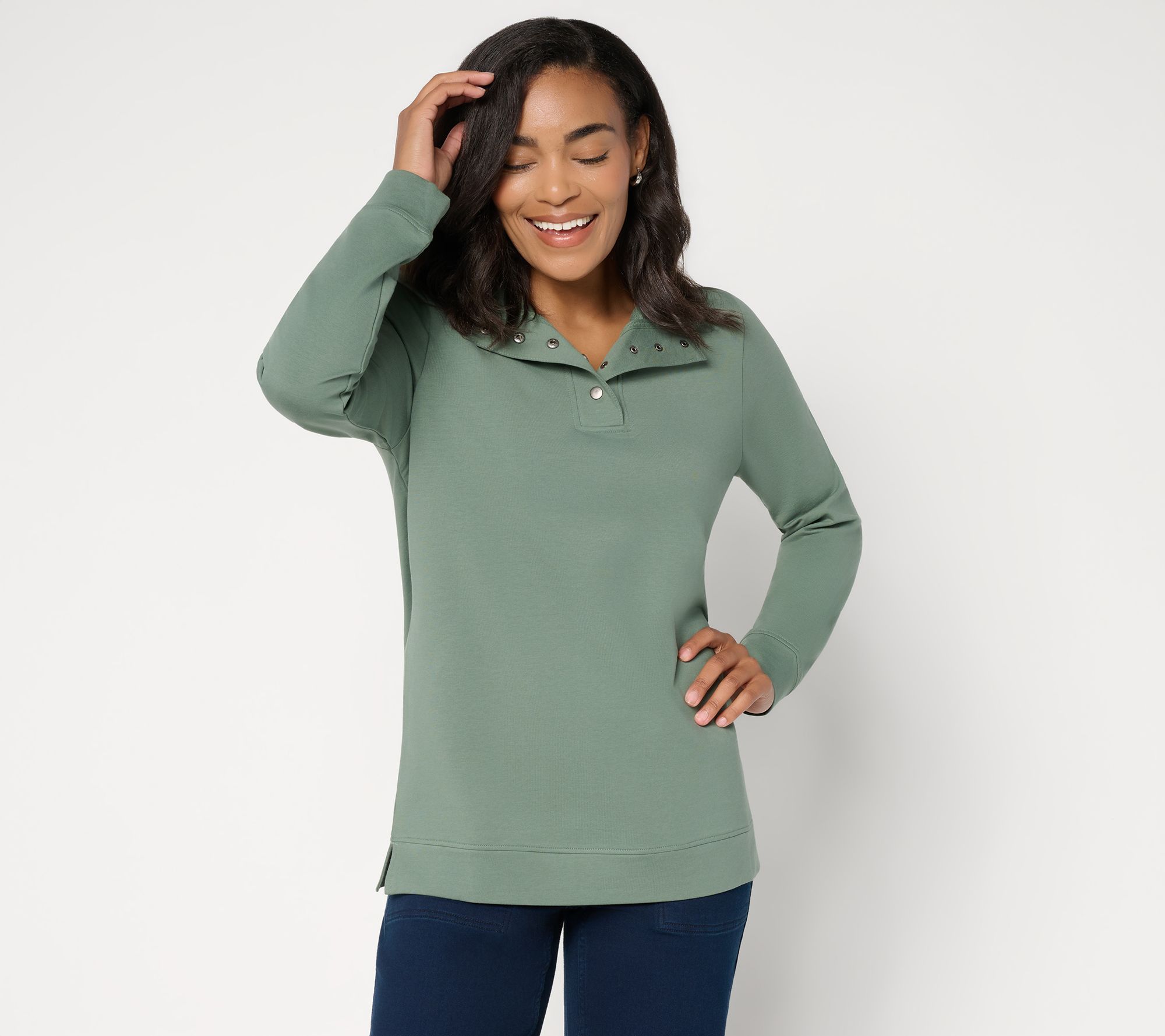 Denim & Co. Active French Terry Snap Front Pullover Top
