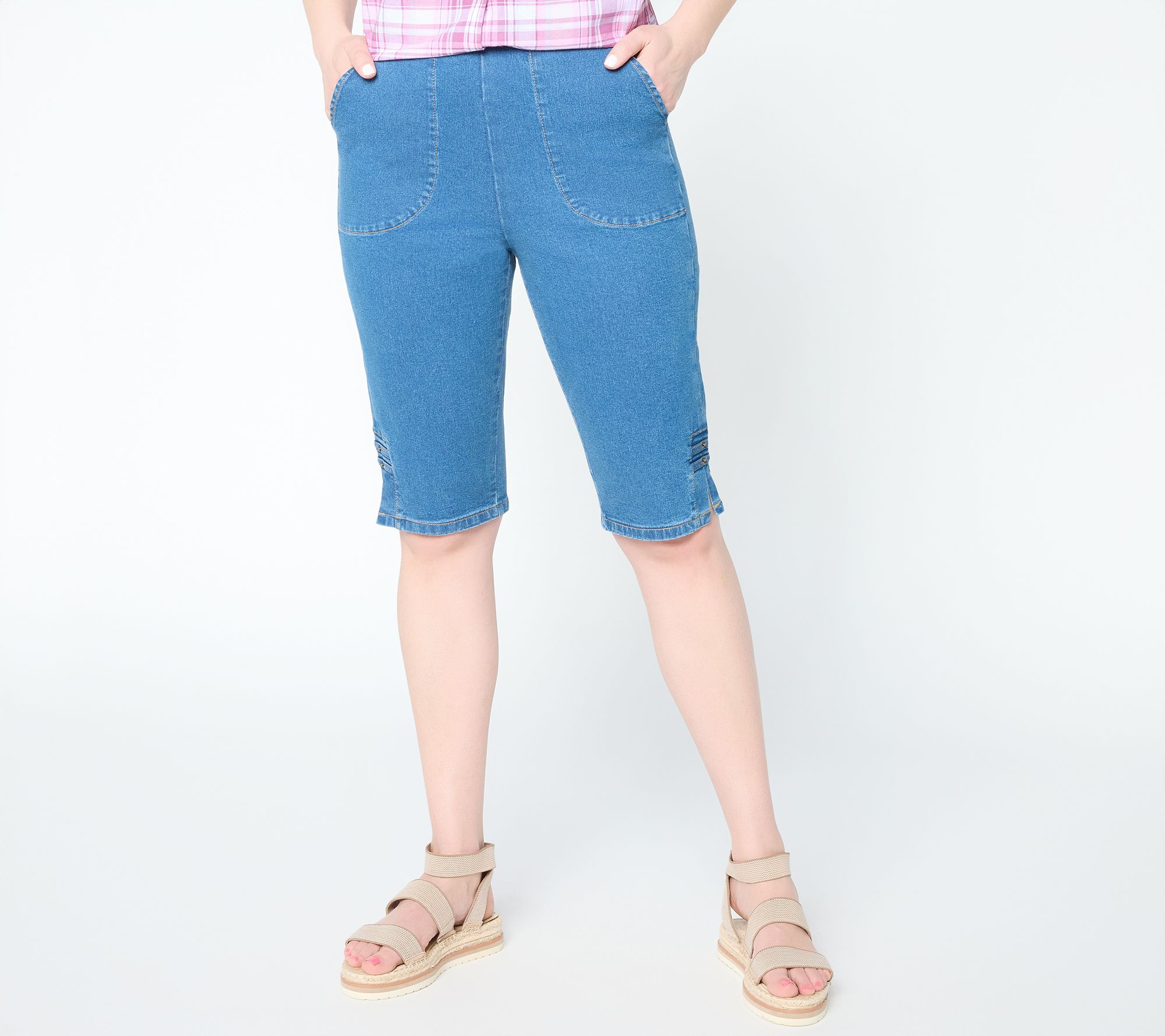 "As Is" Denim & Co. Pet Indigo Flat Front Bermuda Shorts w/ Hem Detail