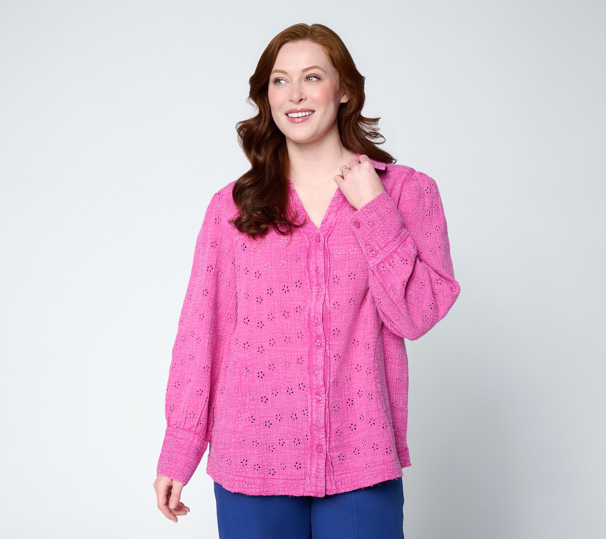 "As Is" LOGO Lavish by Lori Goldstein Overdye Button Eyelet Shirt