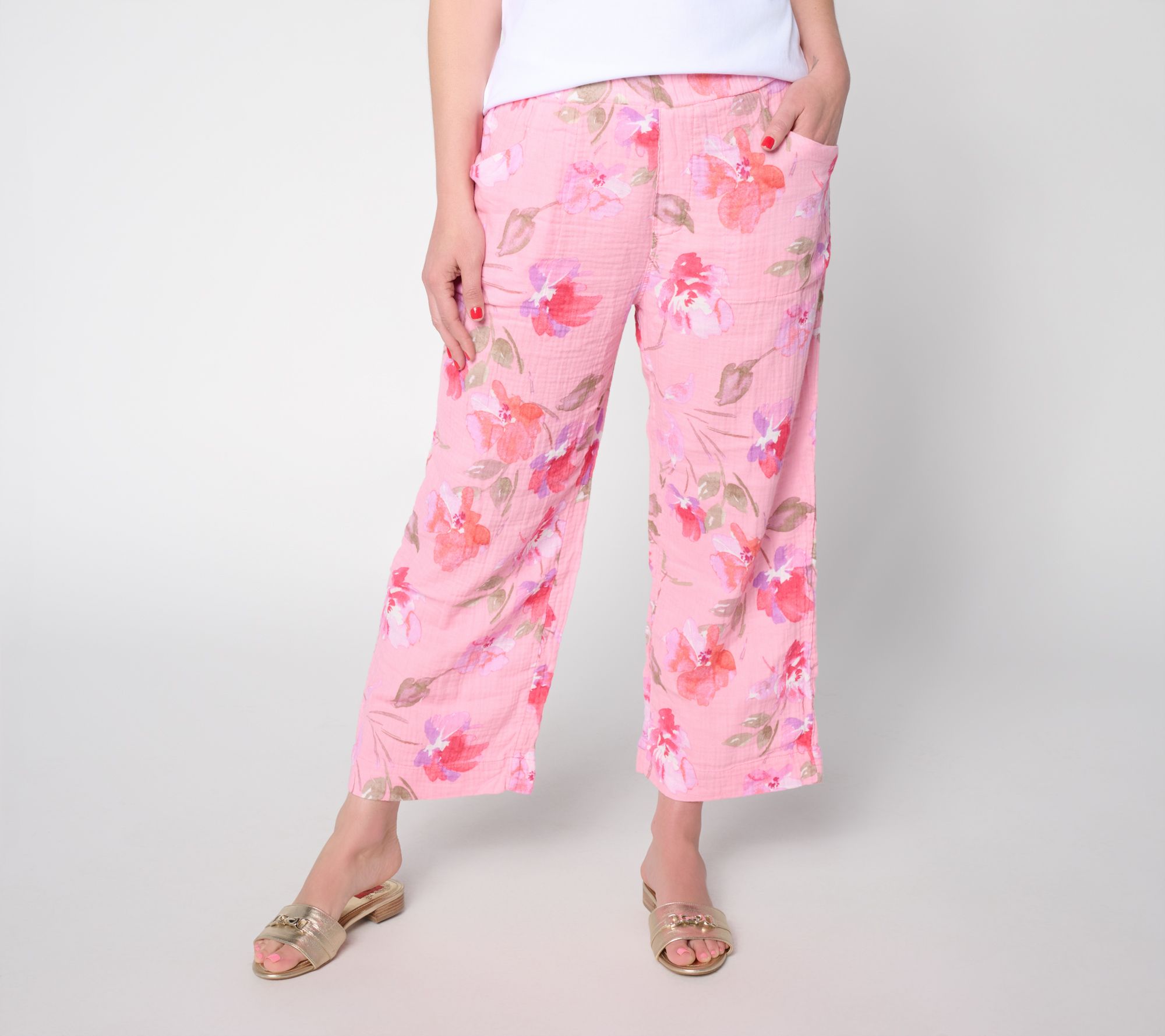 "As Is" Susan Graver Petite Getaway Cotton Gauze Wide-Leg Crop Pants
