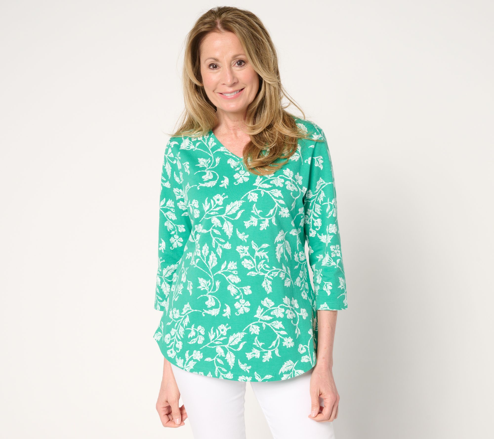 Denim & Co. Printed 3/4 Sleeve V-neck Top
