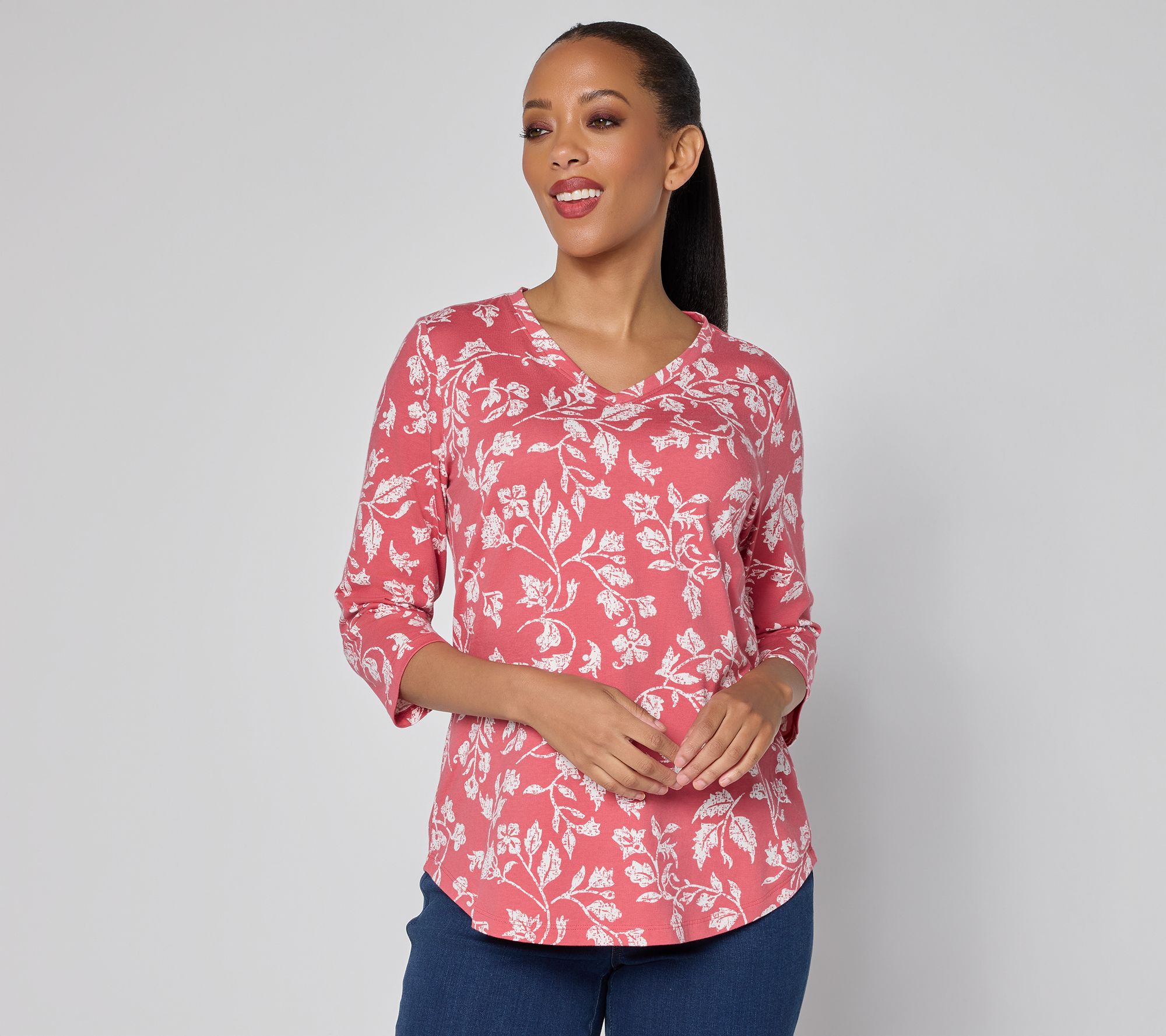 Denim & Co. Printed 3/4 Sleeve V-neck Top
