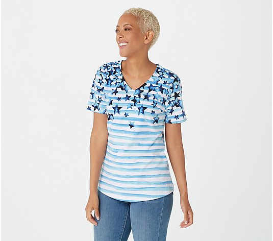 Denim & Co. Printed Perfect Jersey V-Neck Top with Curved Hem