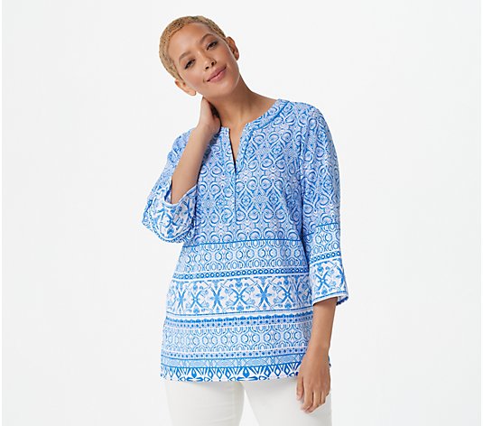 Susan Graver Petite Printed Stretch Woven 3/4-Sleeve Tunic