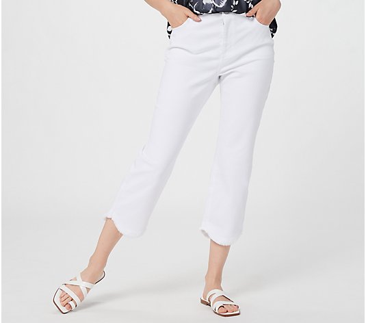 Susan Graver Petite White Stretch Denim Crop Jeans w/ Frayed Hem