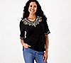 Quacker Factory Embroidered Scalloped Elbow Sleeve Top