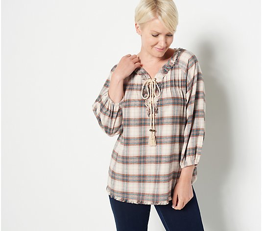 Belle by Kim Gravel Laced Up Plaid Blouse with Fringe