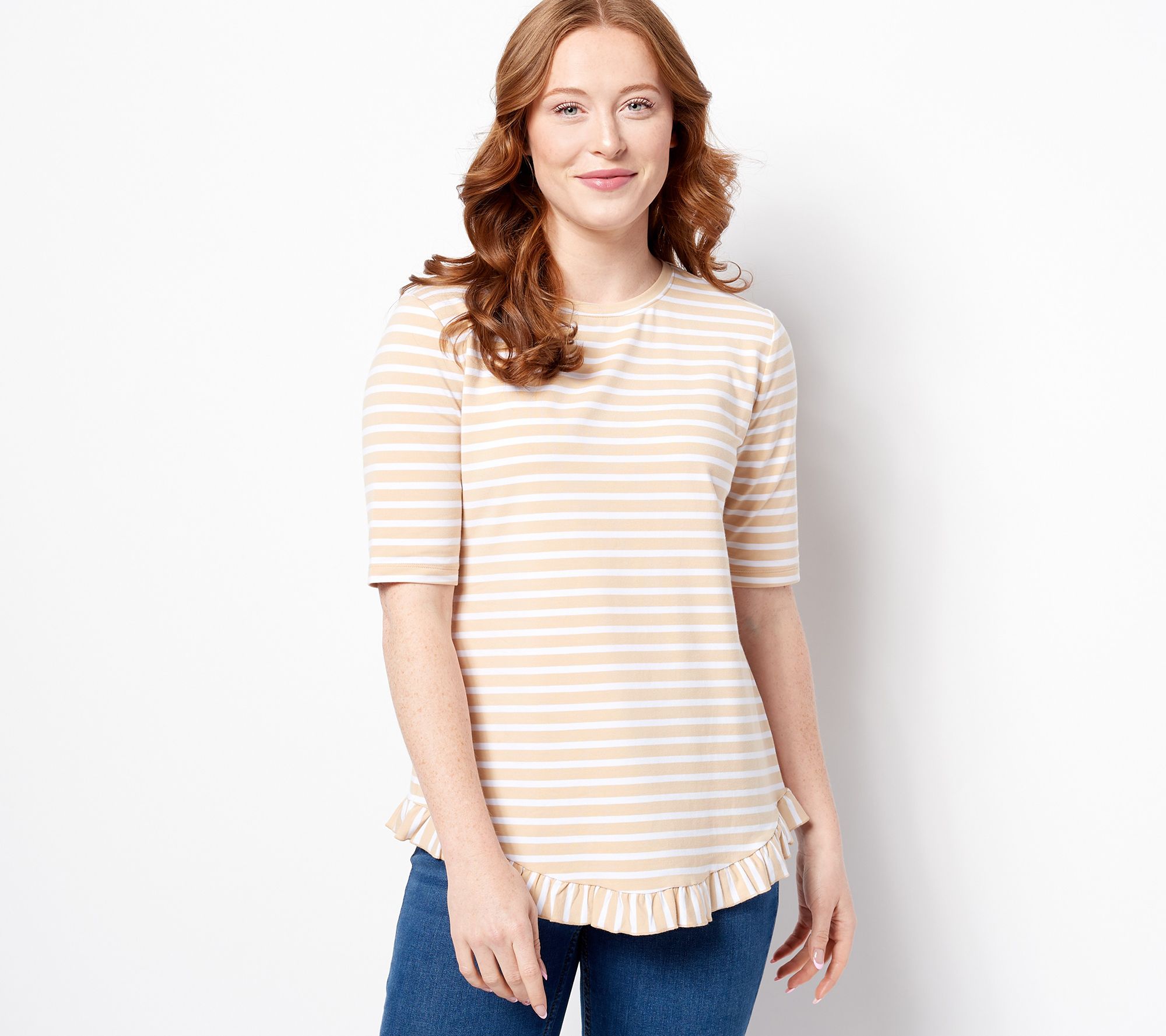 "As Is" Isaac Mizrahi Live Striped Crew Neck Top with Ruffle Hem