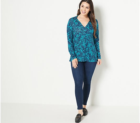 Isaac Mizrahi Live! Printed Floral Top with Long-Sleeves & Draped-Neck