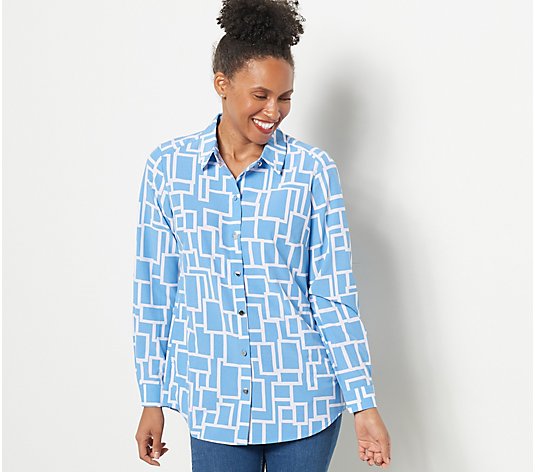 Dennis Basso Printed Stretch Woven Button- Front Shirt