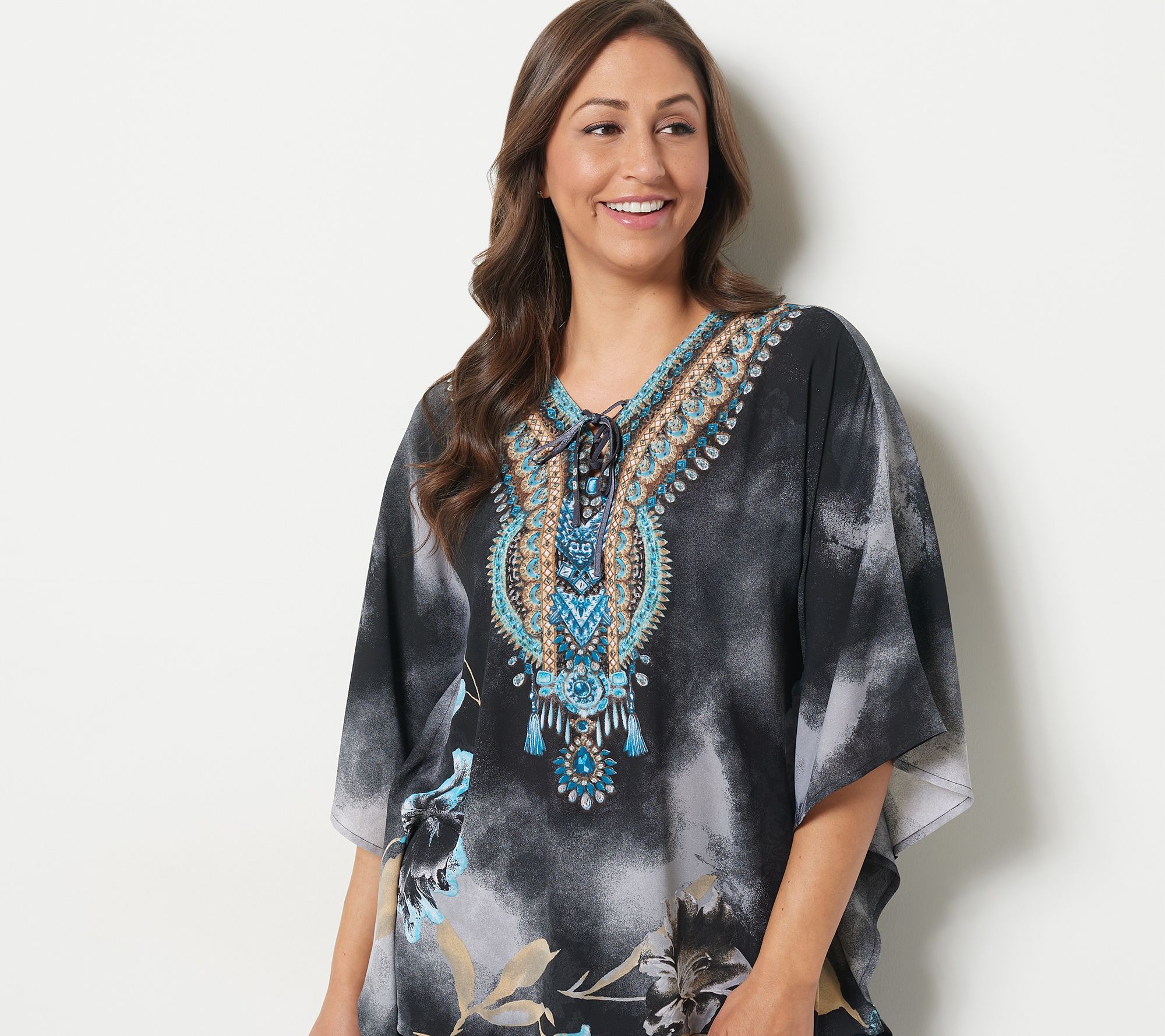 Belle by Kim Gravel Printed V-Neck Lace-Up Poncho
